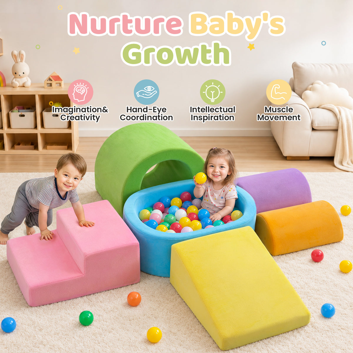 Yexmas 6-Piece Climbing Toys for Toddlers, Soft Foam Climbing Blocks with Ball Pit, Indoor Soft Play Set, Climb and Crawl Activity Play Gym Blocks for Boys Girls