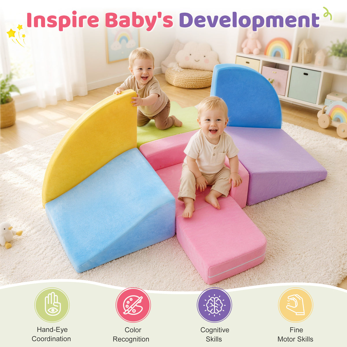 Yexmas 6-Piece Climbing Toys for Toddlers, Soft Foam Climbing Blocks, Indoor Toddler Soft Play Set for Crawling, Climbing&Sliding