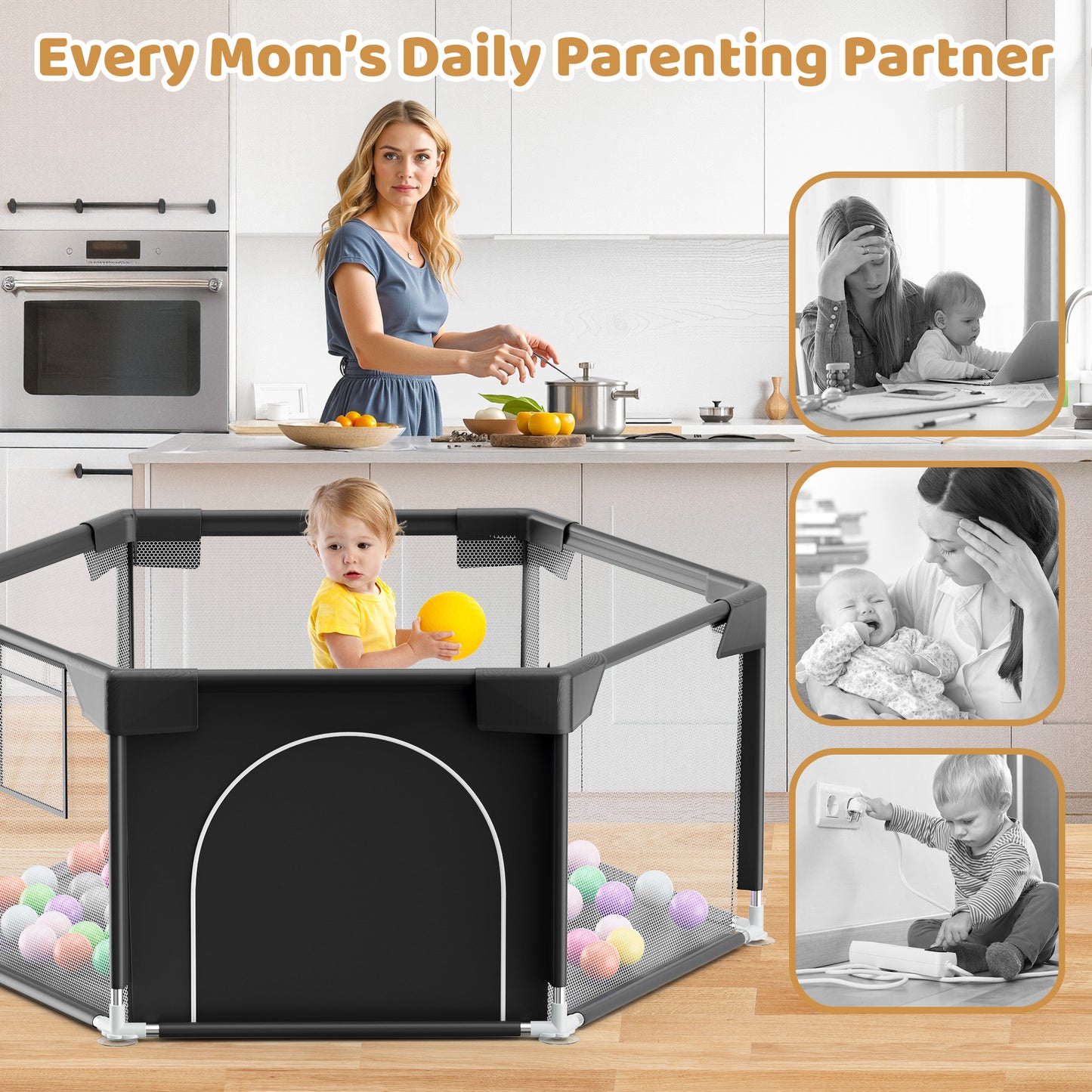 babyeap 50 Inch Baby Playpen,Fence Baby Play Yard for Indoors Outdoors,Hexagonal Toddler Playpen,Black