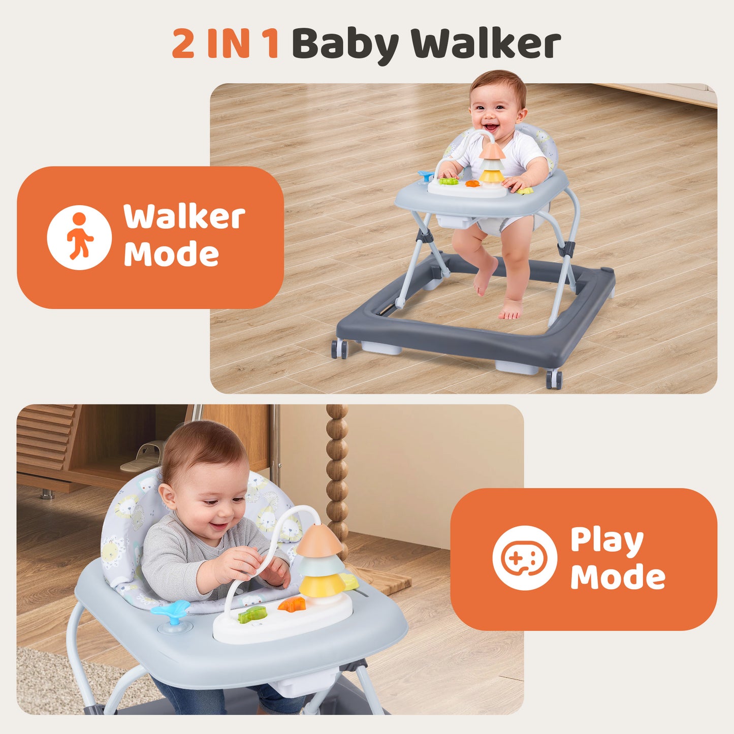 Babyeap Baby Walker,Foldable Baby Activity Walker with Wheels,Toddler Activity Centers,Removable Toys,Ages 6 Months +,Gray