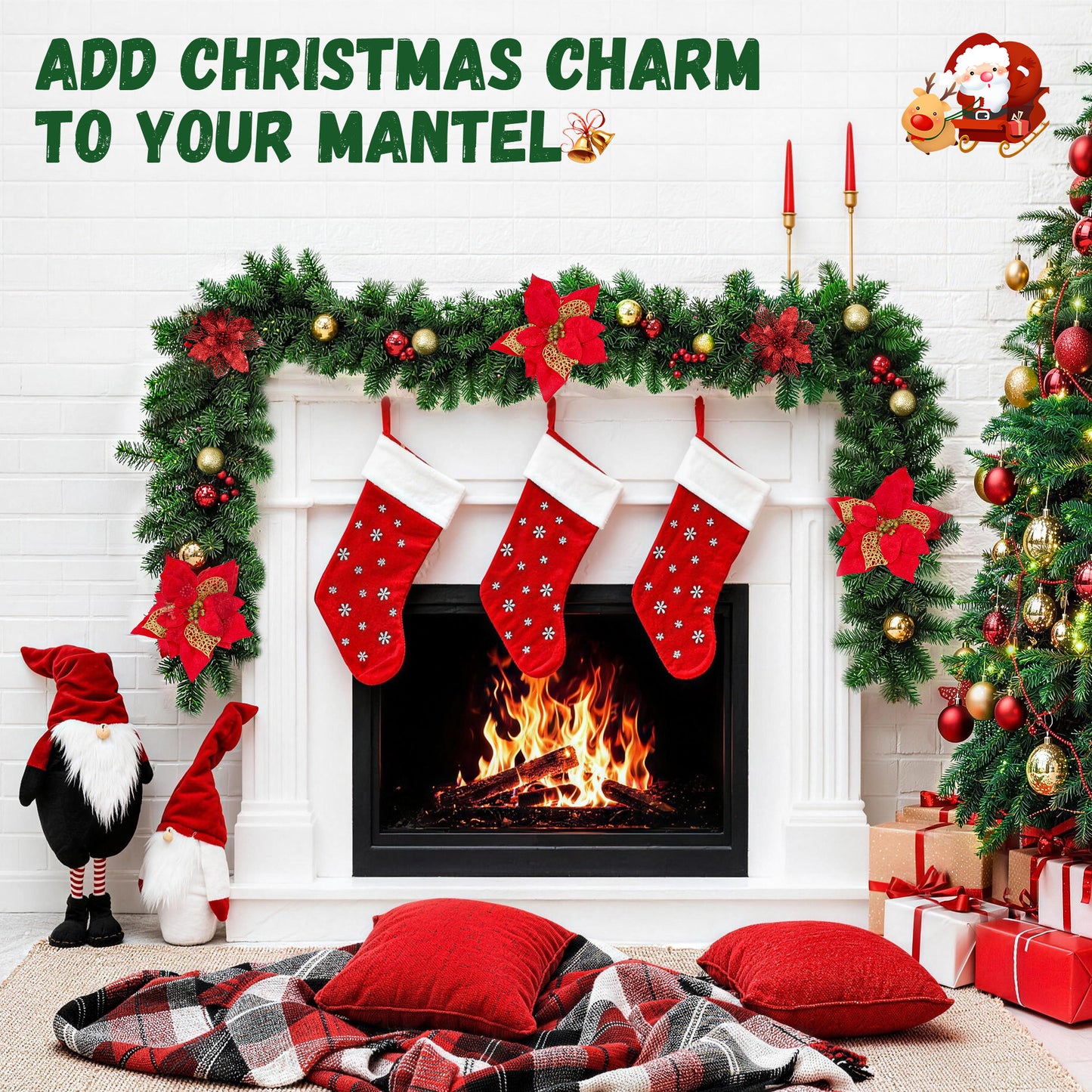 Yexmas 9FT Pre-Lit Christmas Garland with LED Lights,Decorated with Red Poinsettias,Berries and Ball Ornaments,Battery Operated Xmas Garland for Mantel,Stair,Door