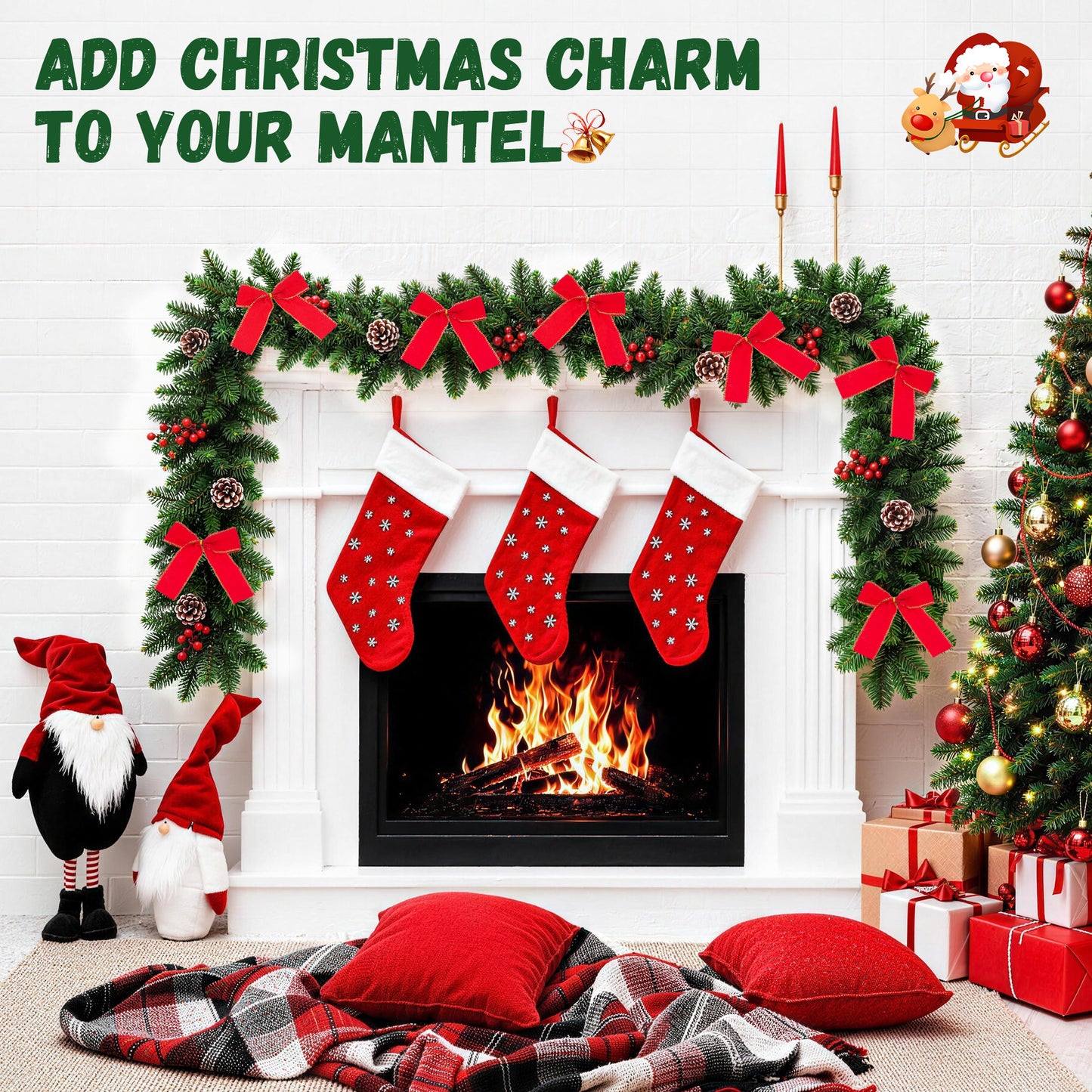 Yexmas 9FT Pre-Lit Christmas Garland with LED Lights, Decorated with Bows, Pinecones and Berry Clusters, Battery Operated Xmas Garland for Mantel, Stair, Door