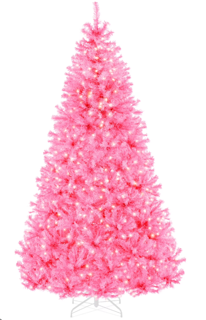 Yexmas 9FT Artificial Christmas Tree, Pre-lit Christmas Decoration, Foldable Base for Holiday Party Decor - Pink