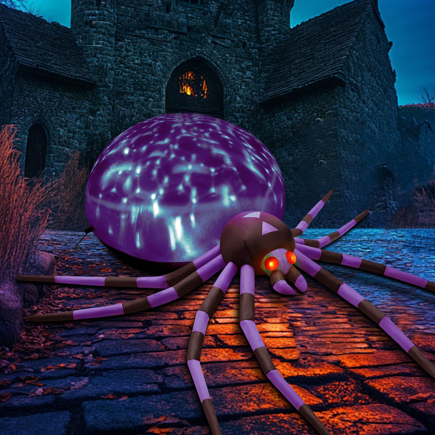 Yexmas 8FT Halloween Inflatable Spider Outdoor Decoration, Giant Blow Up Yard Spider with Rotating Disco Light and Glowing Eyes for Lawn Garden Party Decor, Purple