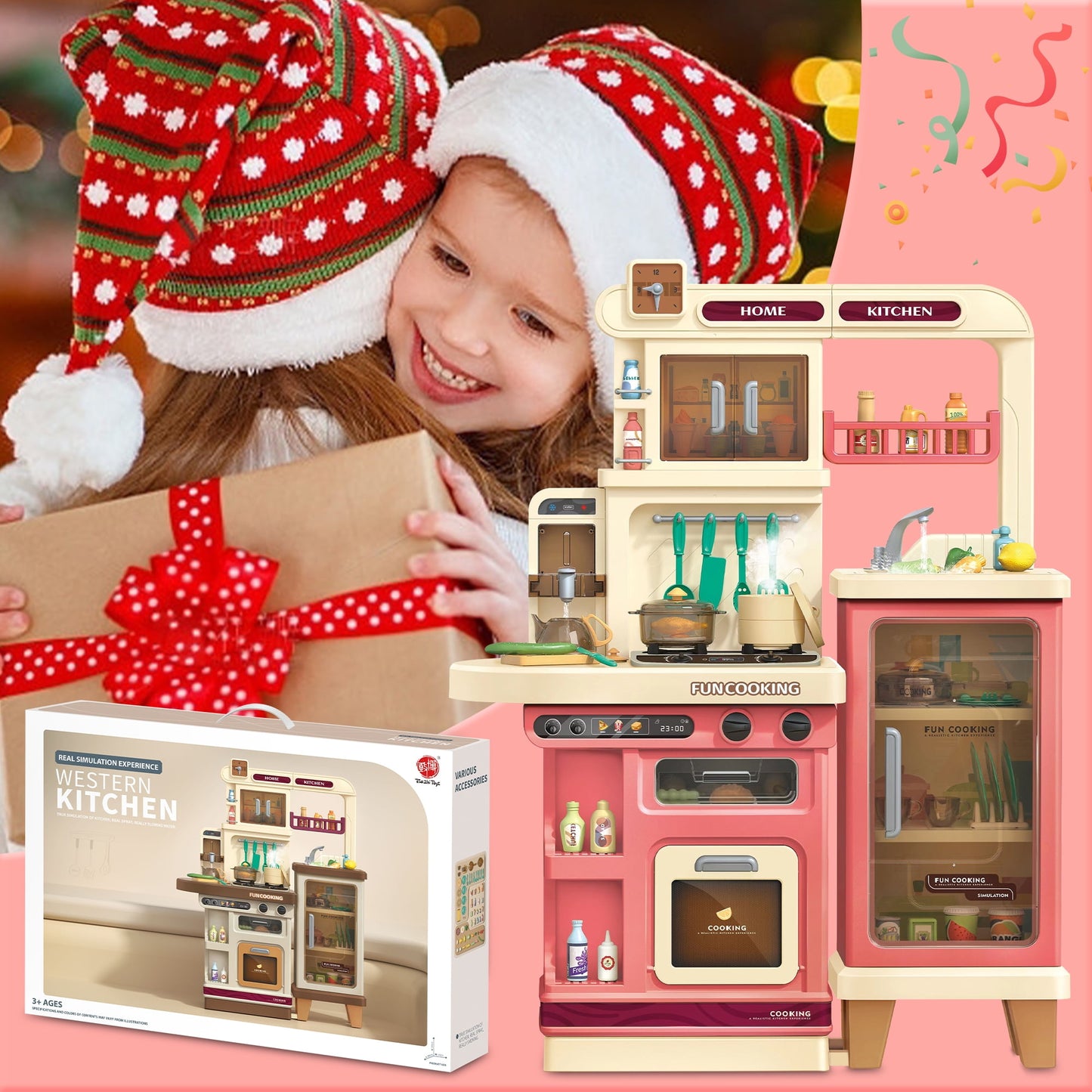 Lookfly 40.6 Inch Play Kitchen Set for Kids, Large Pretend Play Kitchen with Realistic Lights and Sounds, Simulation of Spray for Toddlers Girls Boys Gift ,Pink