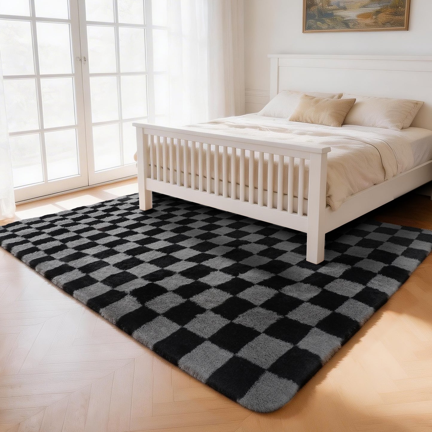 CozyDesg Shag Area Rugs,5'x8'/8' x 10' Soft Fluffy Floor Rugs Checkered Carpet，Washable Area Rugs for Living Room Bedroom Decor,Beige & White