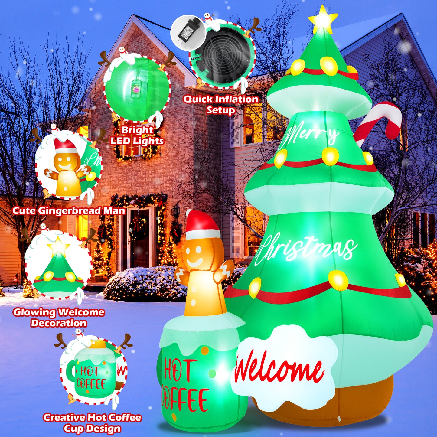 Yexmas 7FT Large Outdoor Inflatable Christmas Tree with Snowman, Hot Coffee Cup and Welcome Sign, Built-in LED Lights, Blow Up Xmas Decoration for Yard, Garden, Lawn