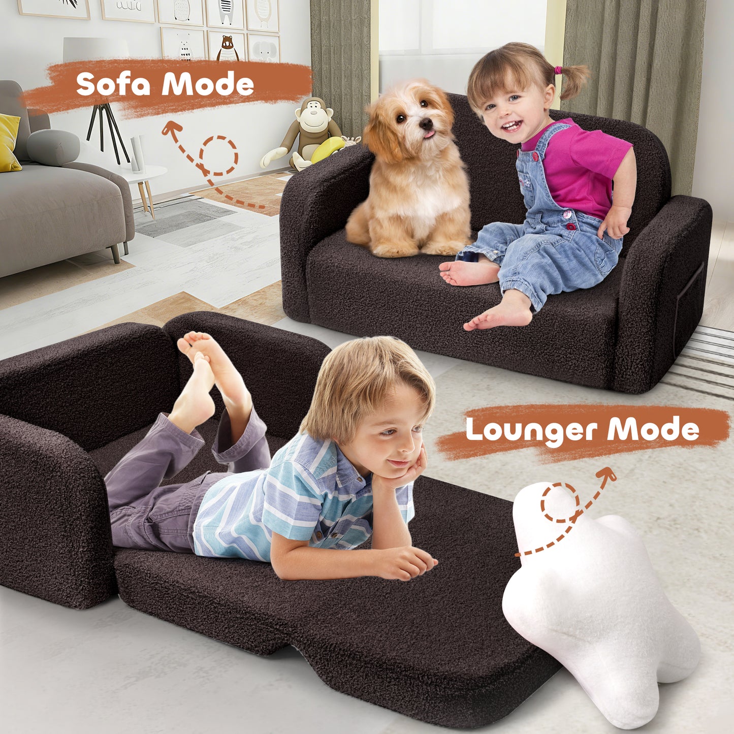 Babyeap Extra Wide Kids Chair,2-in-1 Convertible Toddler Chairs,Soft Comfy Kids Couch, Kids Sofa for Boys & Girls 3+,Brown
