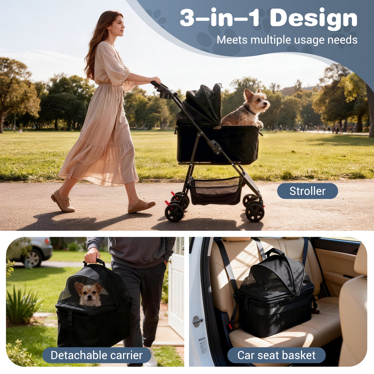 Zoolike 3 in 1 Pet Stroller for Dogs and Cats,4 Wheel Foldable Stroller with Detachable Carrier&Storage Basket,Black