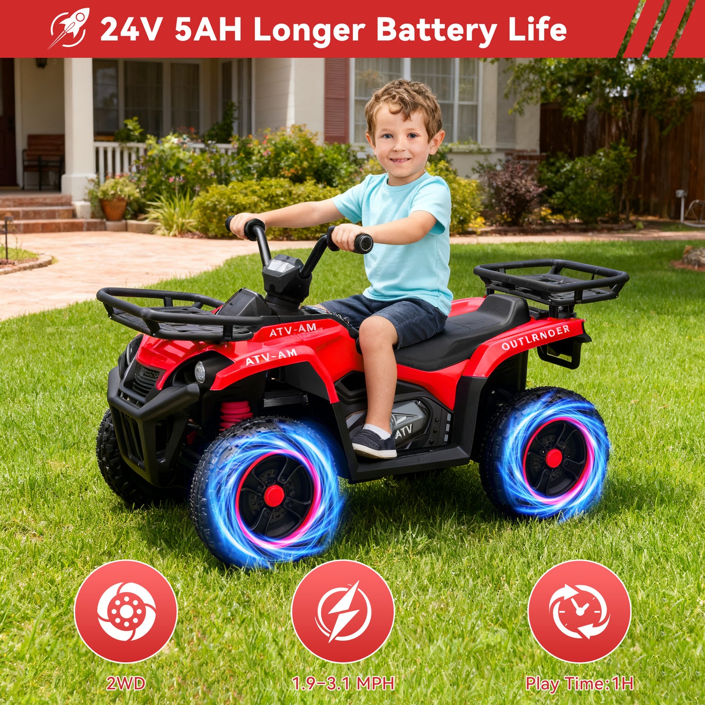 Yexmas 24V Kids ATV,Electric ATV for Kids 4 Wheelers Quad Car Toy, Ride On Toy Car As Gift for Kids,Red