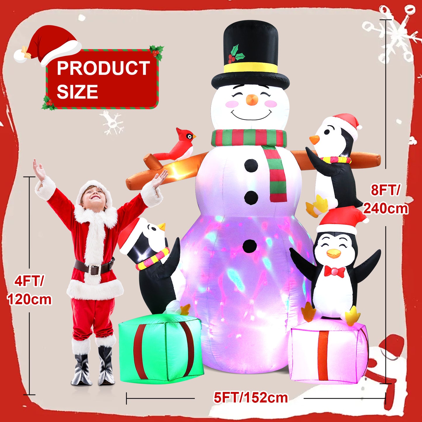 LOOKFLY 8 ft Giant Christmas Snowman Inflatable Outdoor Decoration with Build-in Multicolor LEDs, Blow Up Inflatables for Xmas Party Garden Patio Lawn