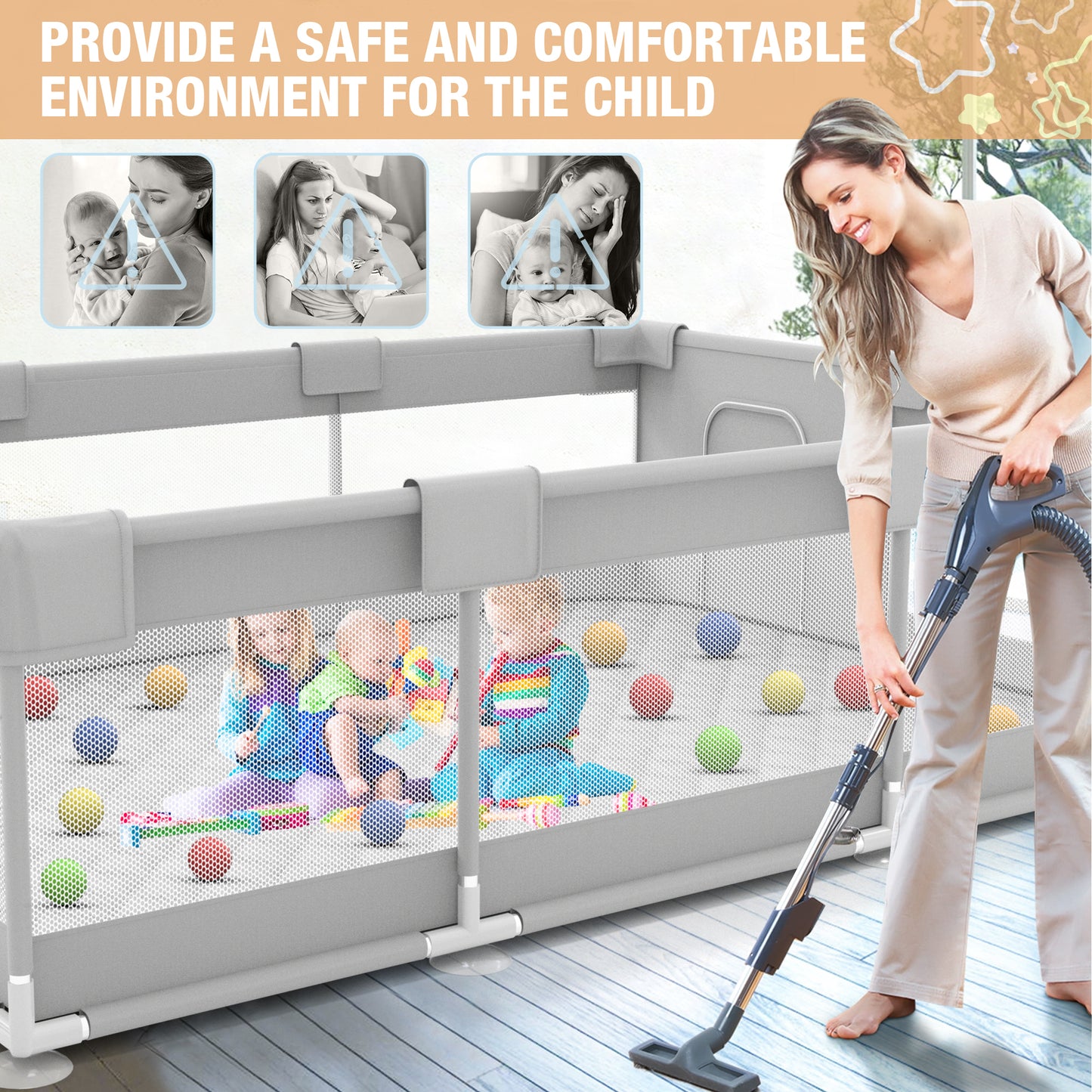 Babyeap Large Baby Playpen with Mat,71"x50"Playpen for Babies and Toddlers,Baby Play Yard Baby Fence Play Area Indoor Outdoor,LightGray