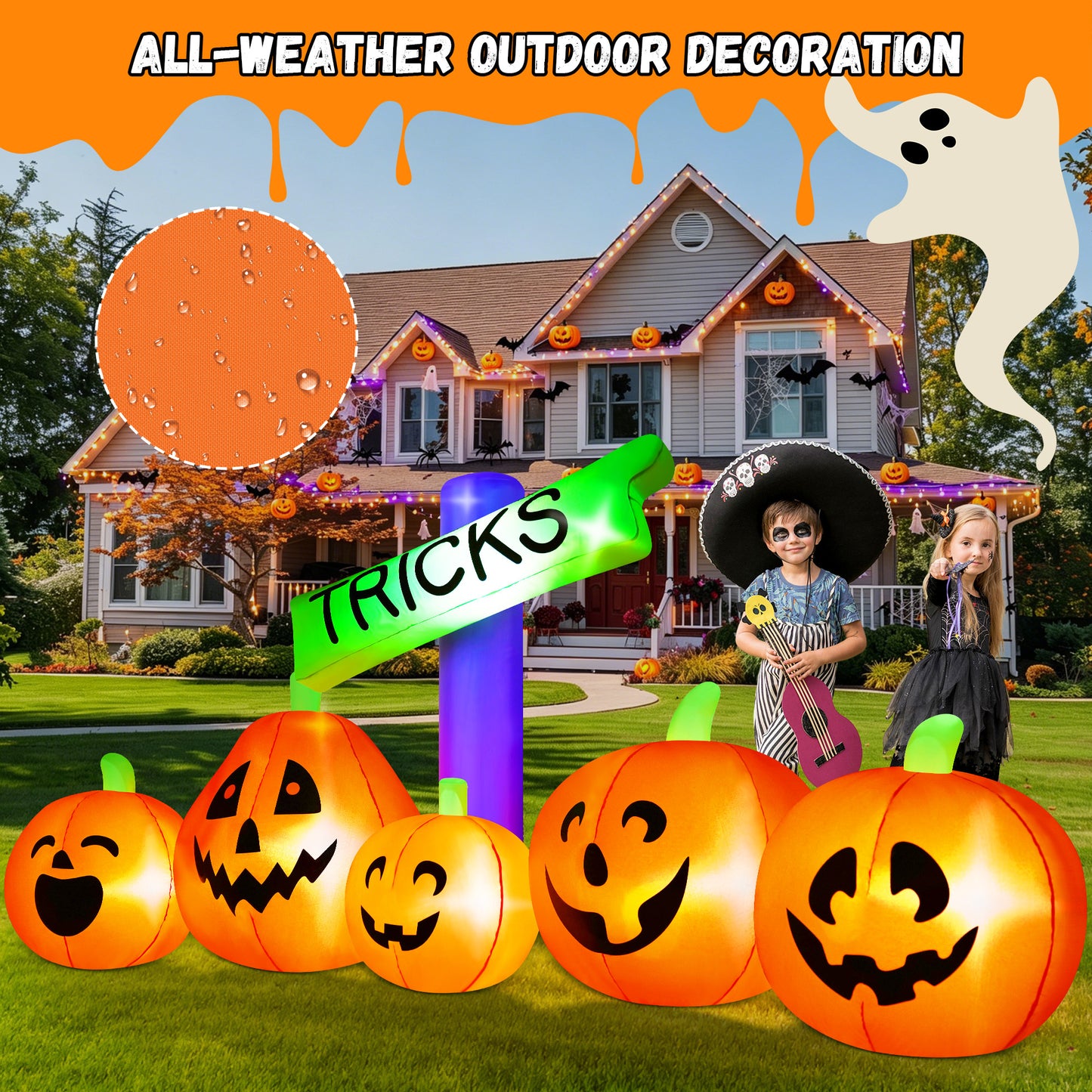 Yexmas 9FT Halloween Inflatable Decoration with TRICKS Sign and Pumpkins,Built-in LED Lights,Blow Up Halloween Yard Decor for Indoor/Outdoor Party,Yard,Lawn