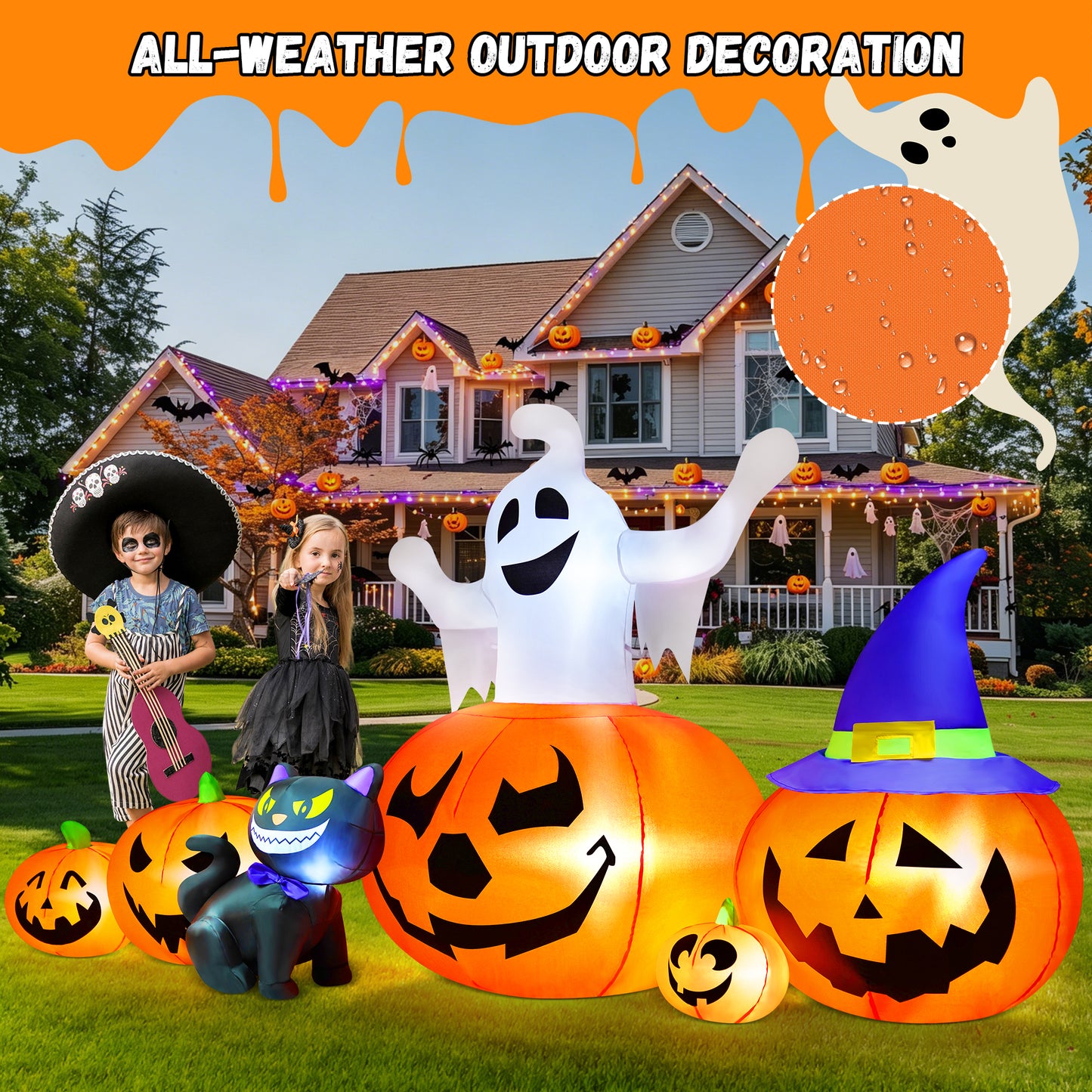 Yexmas 8FT Halloween Inflatable Decoration with Ghost, Black Cat and Pumpkins,Built-in LED Lights, Blow Up Halloween Yard Decor for Indoor/Outdoor Party,Yard, Lawn