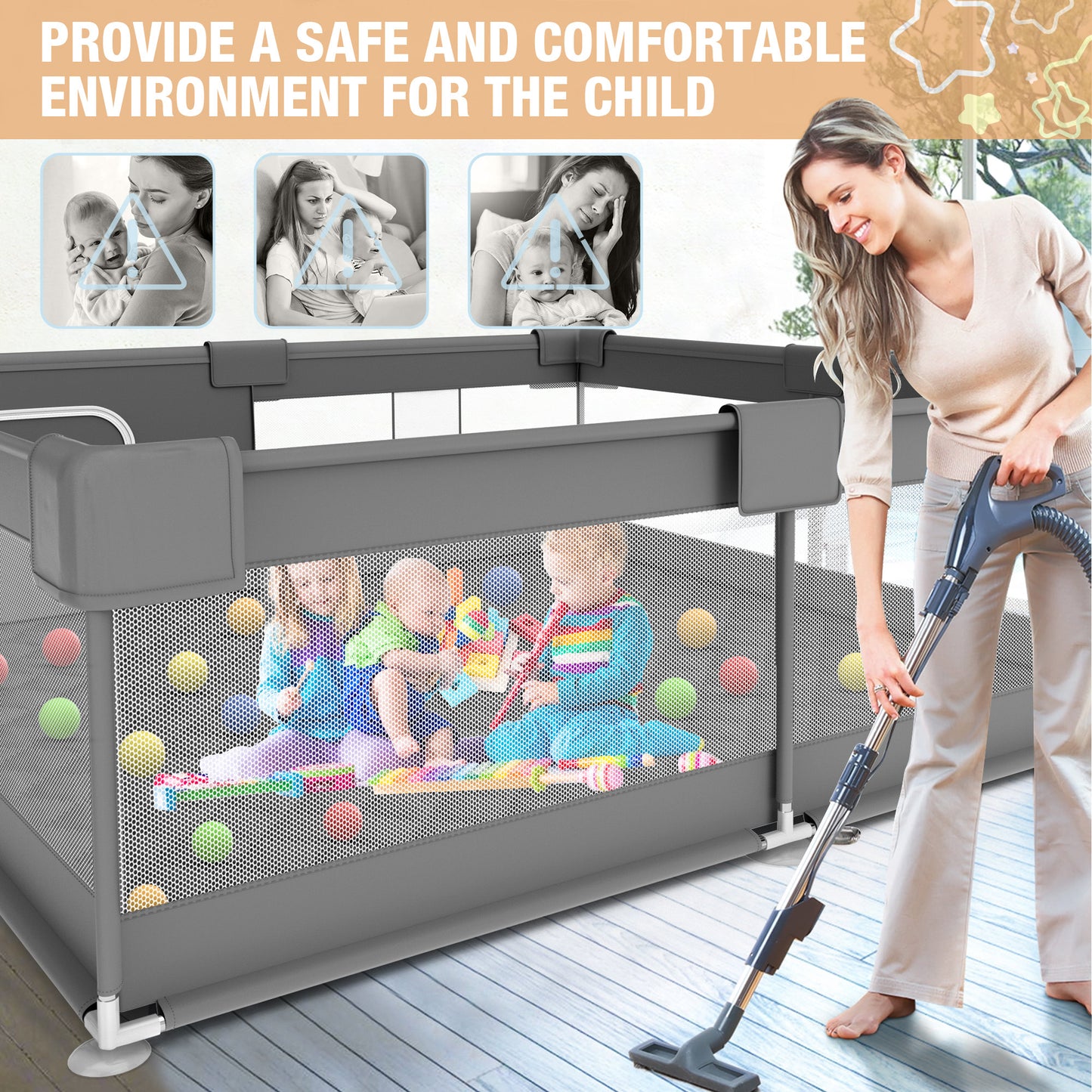 Babyeap Baby Playpen With Mat,50"x50"Play Pen for Babies and Toddlers,Play Yard With Gate for Indoor Outdoor,Dark Gray
