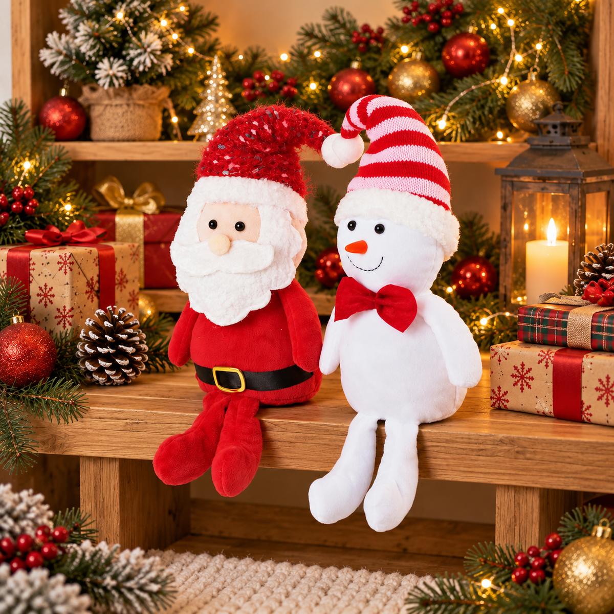 Yexmas 2pcs Plush Christmas Decorations with Snowman&Santa Claus, Handmade Soft Santa Doll, Stuffed Figurine Xmas Ornaments for Door Window Table Fireplace Party Holiday Decor