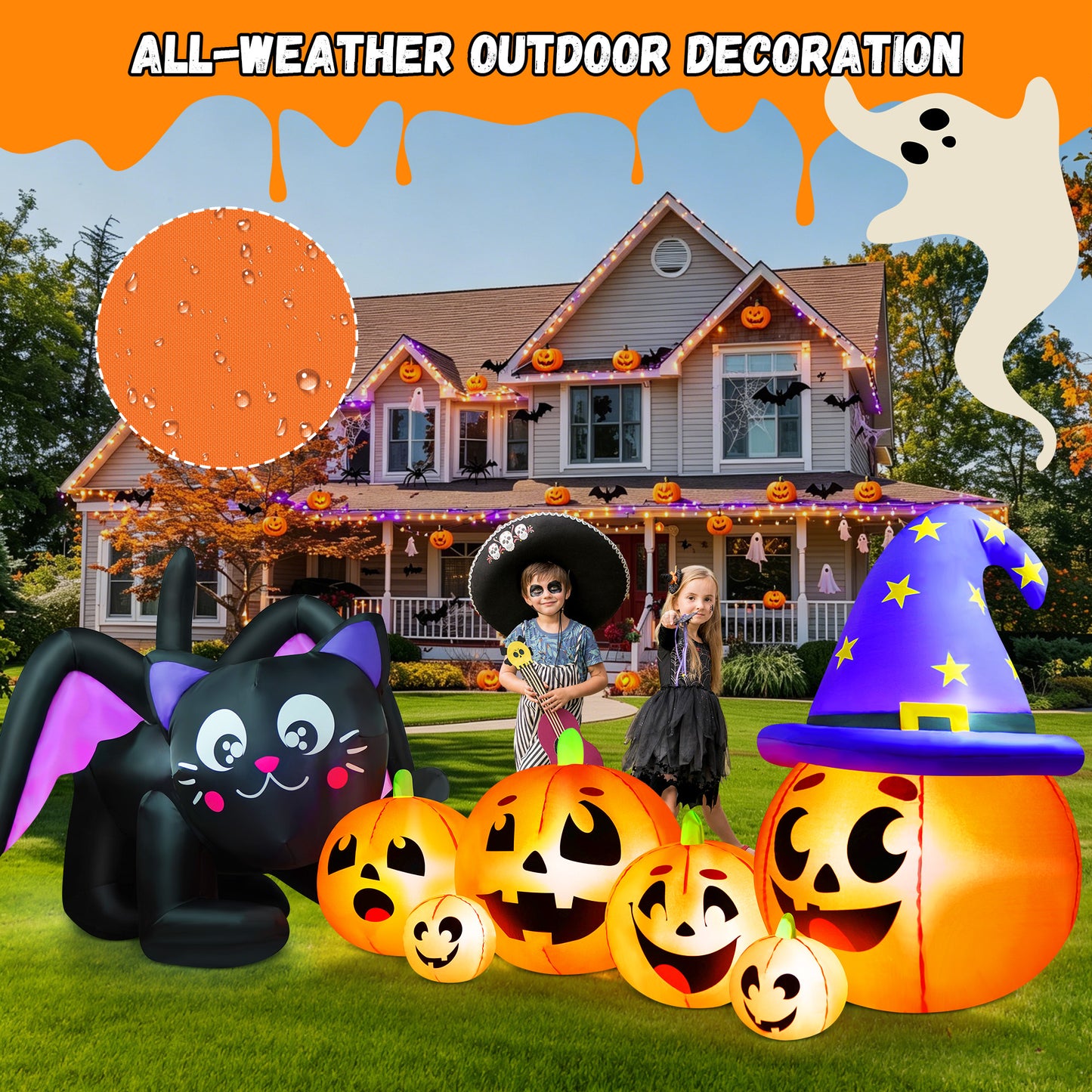 Yexmas 9FT Halloween Inflatable Black Cat with Pumpkin,Halloween Yard Decoration with 8 LED Lights,Blow Up Outdoor Lawn Decor