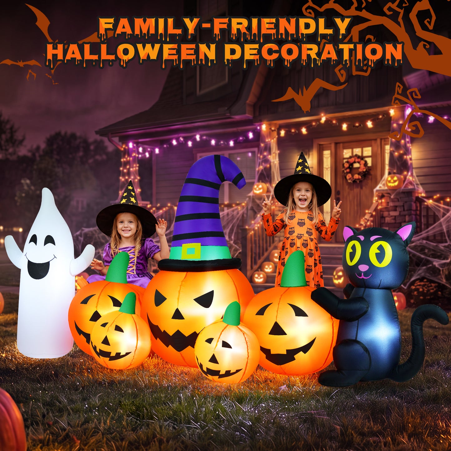 Yexmas 8FT Long Halloween Inflatable Pumpkin with Ghost and Black Cat,Outdoor Halloween Decoration with LED Lights for Yard Lawn Garden Porch Party Decor