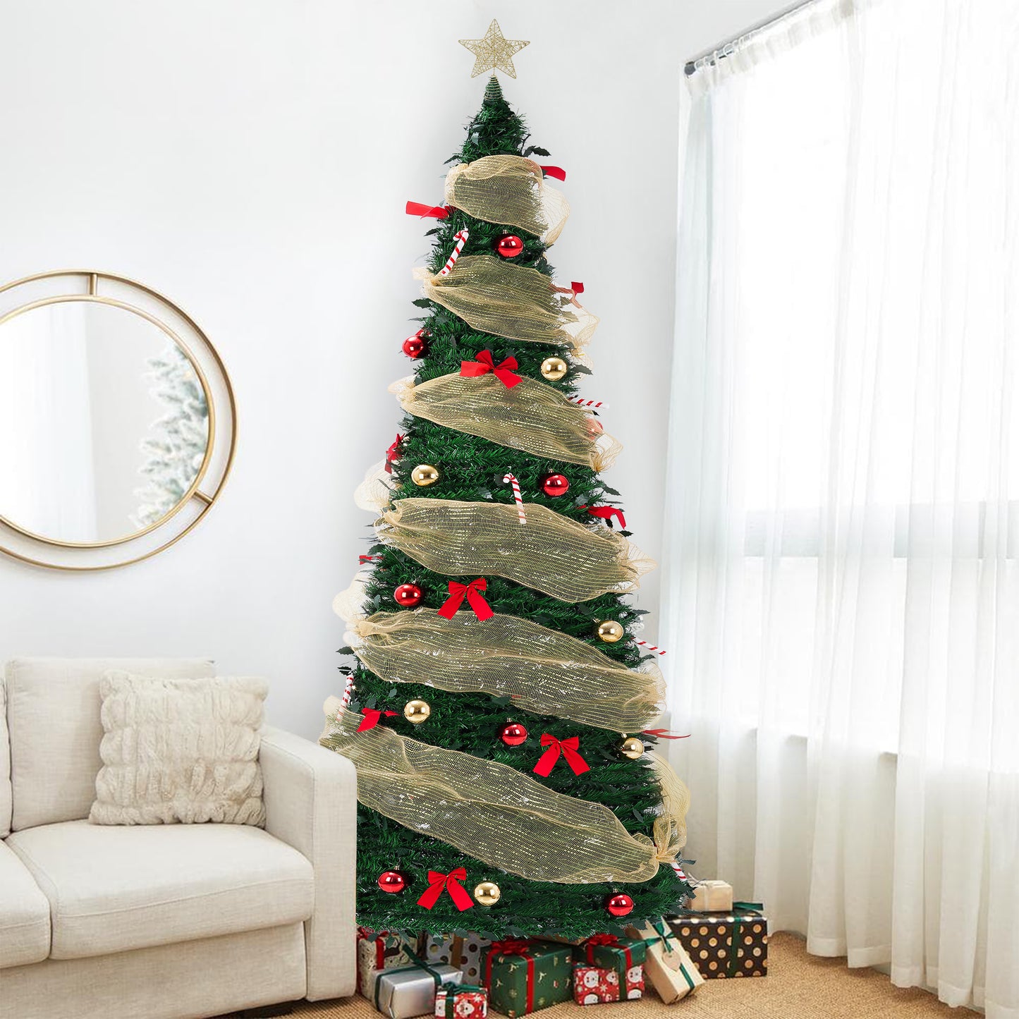 Yexmas 6FT Pop-Up Artificial Christmas Tree with 300LED Lights,Green Prelit Christmas Tree with Foldable Base