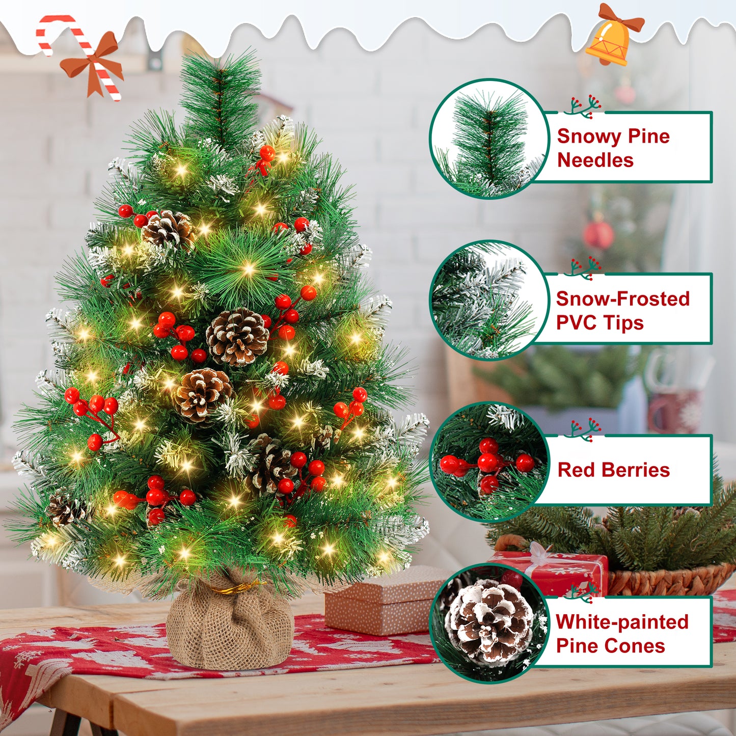 Yexmas 2PCS Pre-lit Artificial Mini Christmas Tree,24 Inch Small Tabletop Xmas Tree for Indoor Outdoor Christmas Decor