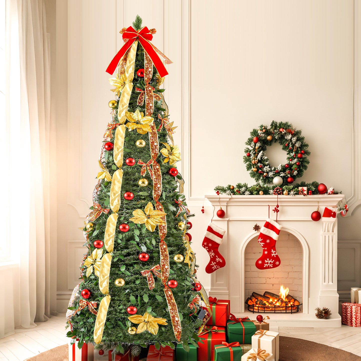 Lookfly 6FT Pre-Lit Christmas Tree,Green Pop Up Christmas Trees for Indoor Holiday Party Decorations