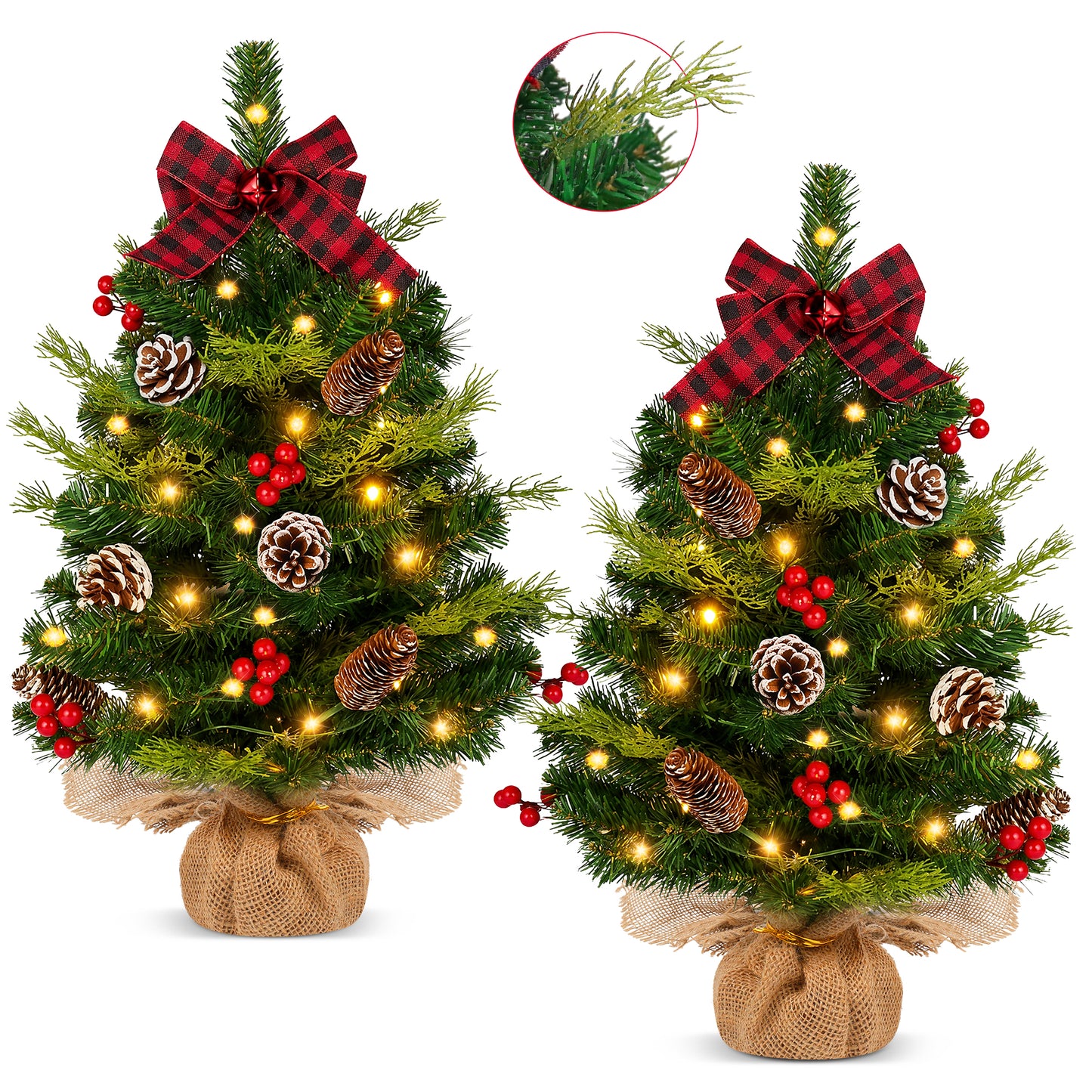 Yexmas 2PCS Pre-lit Artificial Mini Christmas Tree,24 Inch Small Tabletop Xmas Tree for Indoor Outdoor Christmas Decor