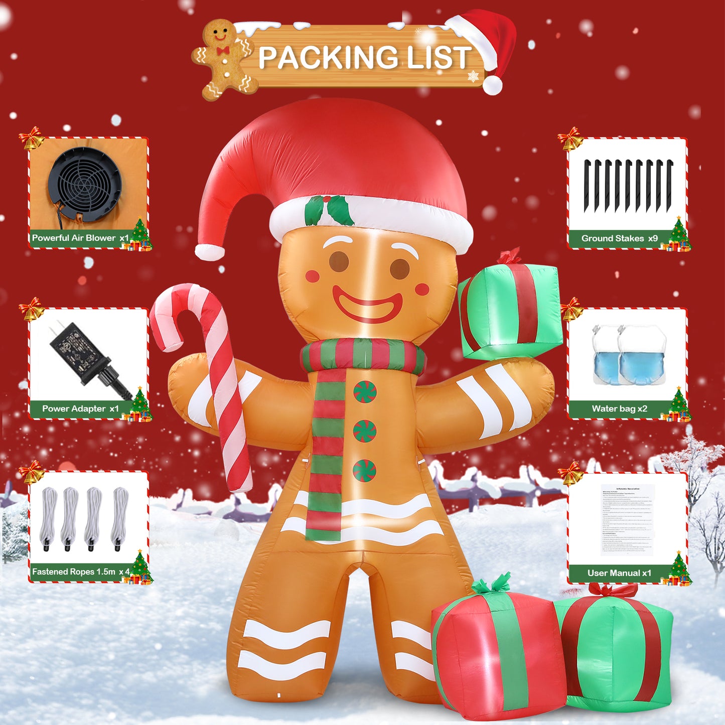 8FT Christmas Inflatables Gingerbread Man Outdoor Decorations, Christmas Blow Up Yard Decorations with Build-in LEDs, Inflatable Christmas Decorations Outdoor for The Yard, Lawn, Garden