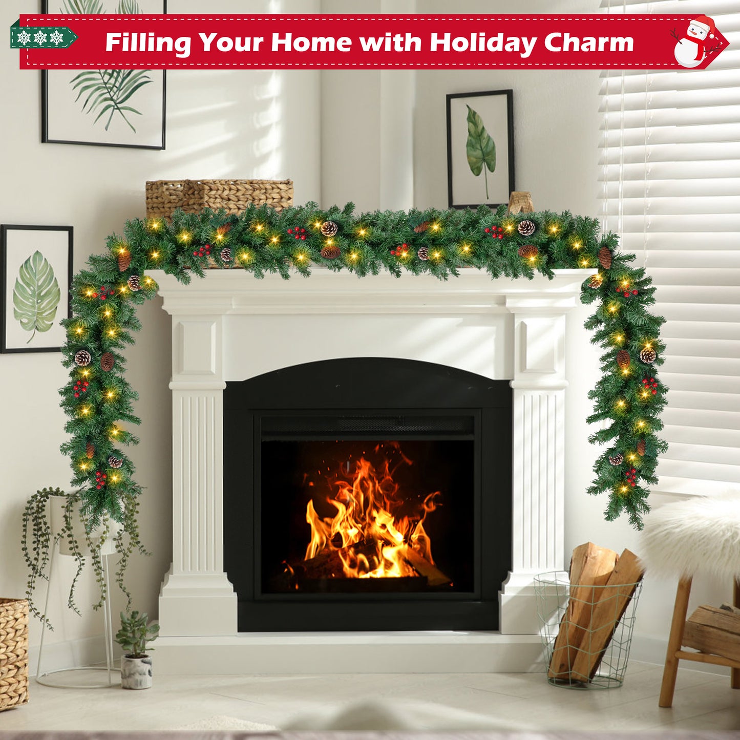 Yexmas 9ft Large Christmas Garland, Multi-Purpose Xmas Wreath with 60 LED Lights, Decorated with Pinecones, Berry Clusters, Battery Operated