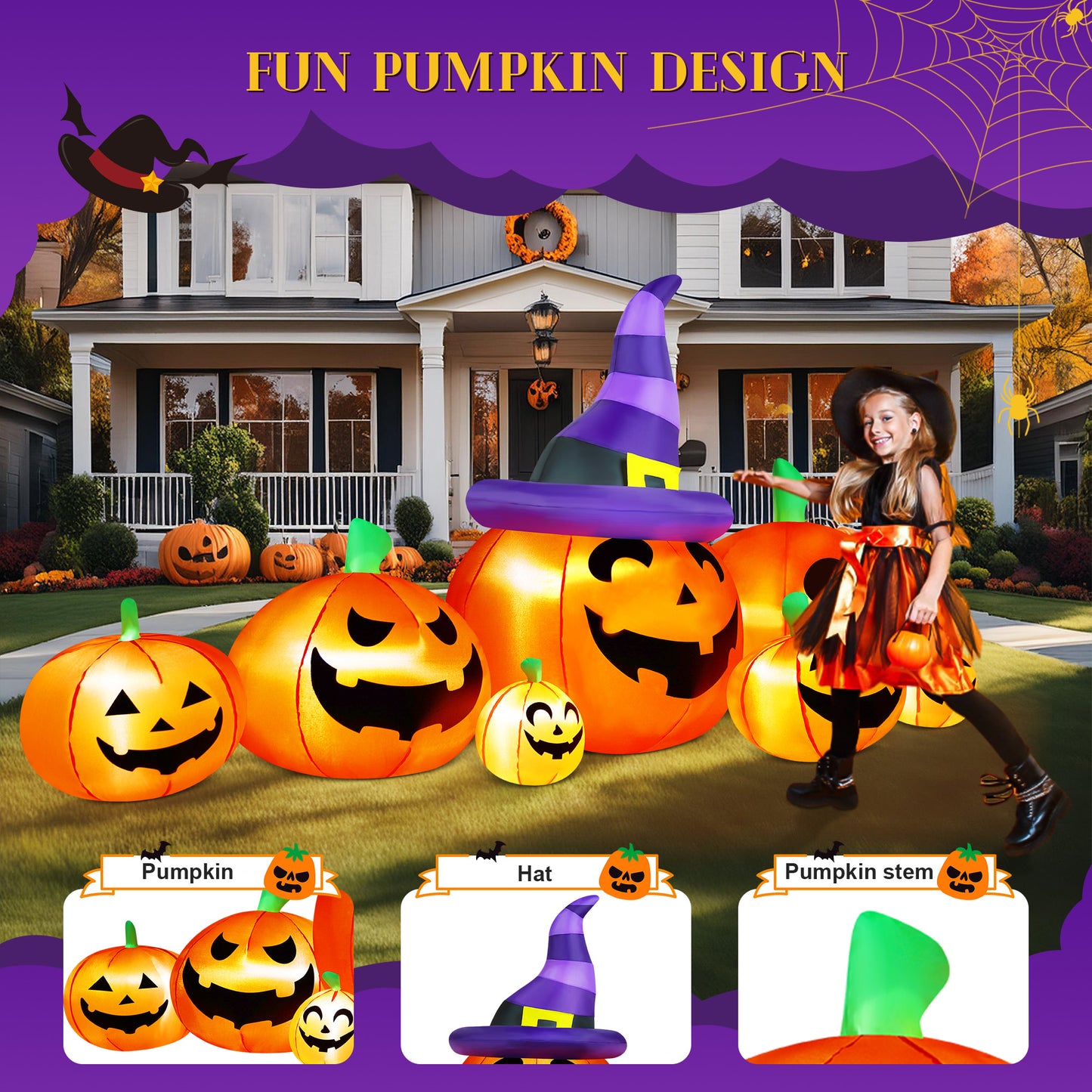 Yexmas 7.5FT Halloween Inflatable Pumpkin,Halloween Blow Ups with Witch Hat for Party Yard, Garden, Lawn, Indoor Outdoor Halloween Decor
