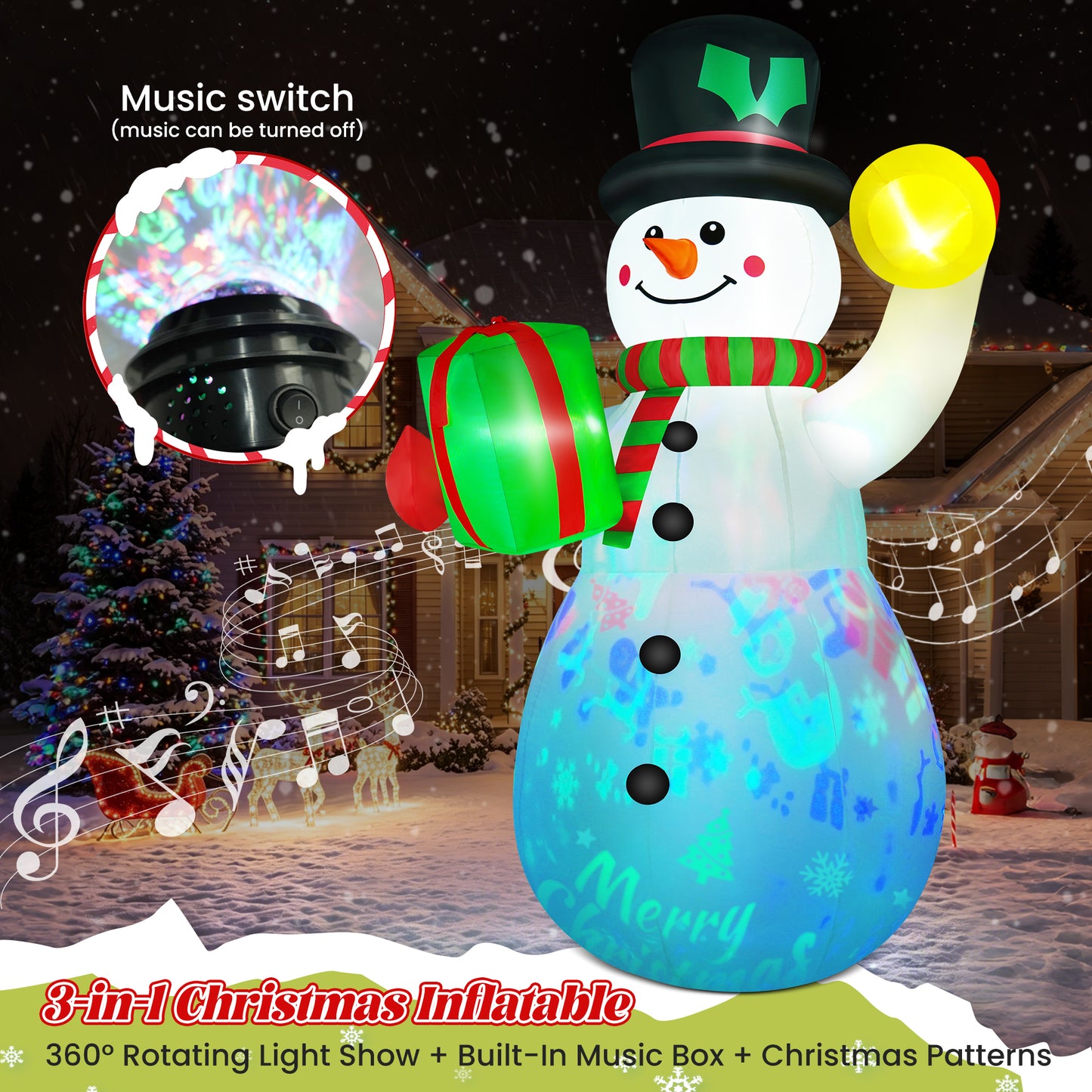 Yexmas 6.3FT Christmas Inflatable Snowman Blow Up Yard Decor with Gift Box and Bell, 360° Colorful Projection, Music On/Off Function, Built-in LED Lights, Outdoor Holiday Yard Decor