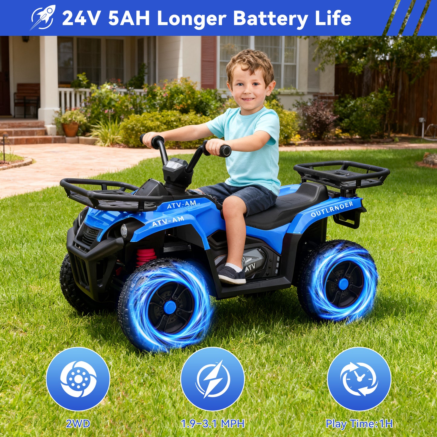 Yexmas 24V Kids ATV,Electric ATV for Kids 4 Wheelers Quad Car Toy, Ride On Toy Car As Gift for Kids,Blue