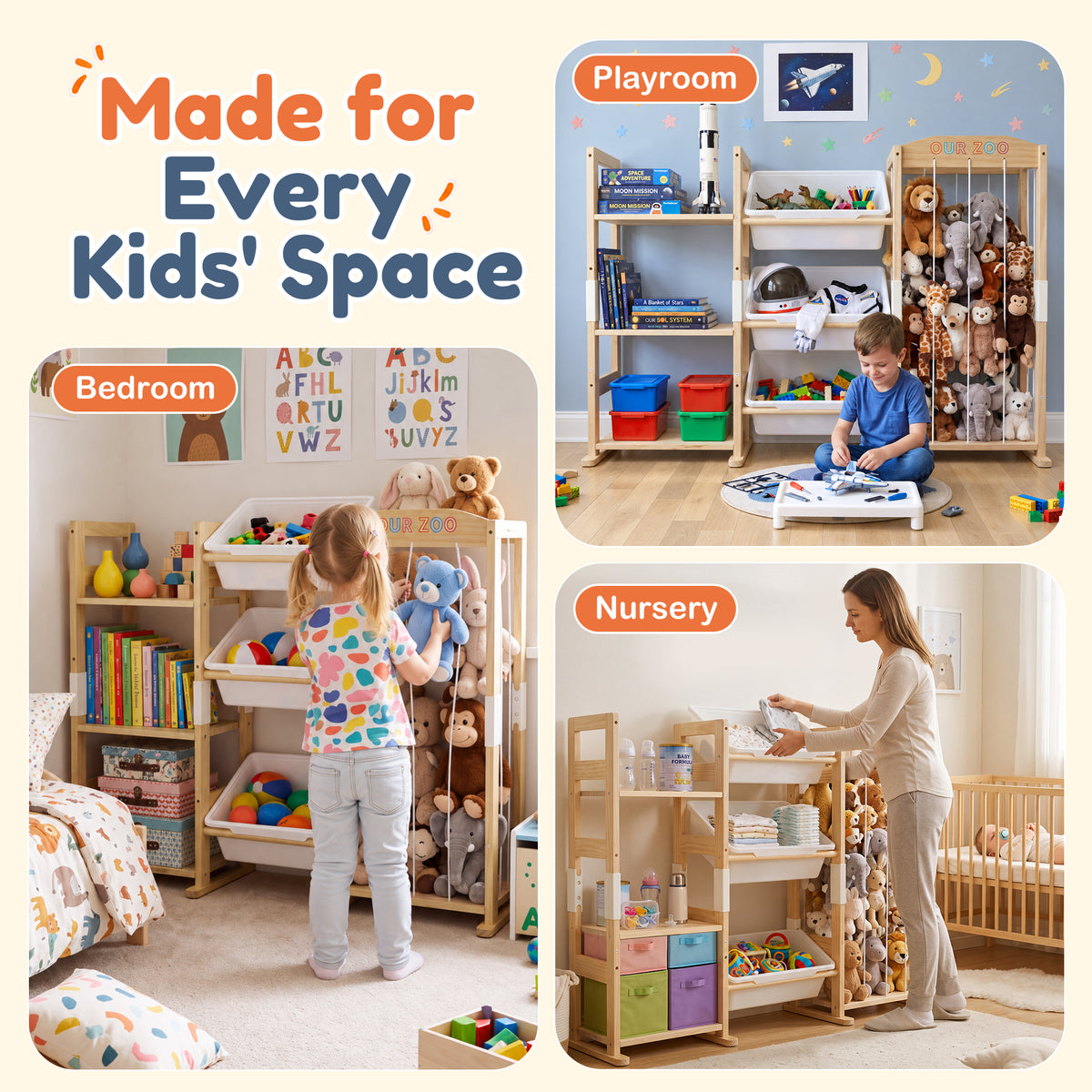 Babyeap 3-in-1 Wooden Toy Storage Organizer, Kids Bookshelf with 3 Removable Bins and Stuffed Animal Storage, Toy Holder for Playroom, Bedroom