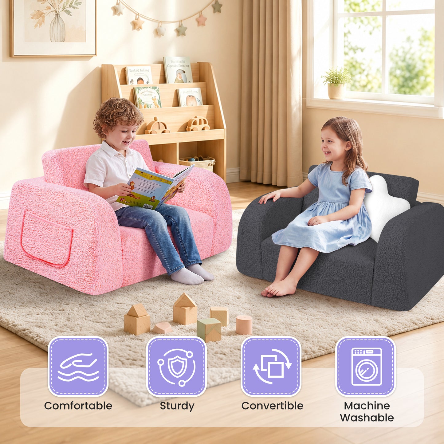 babyeap 2-in-1 Wide Base Kids Sofa,Fold Out Toddler Couch with Star Pillow,Soft Kids Chair for Reading, Playroom, Bedroom & Nursery,Deep Gray