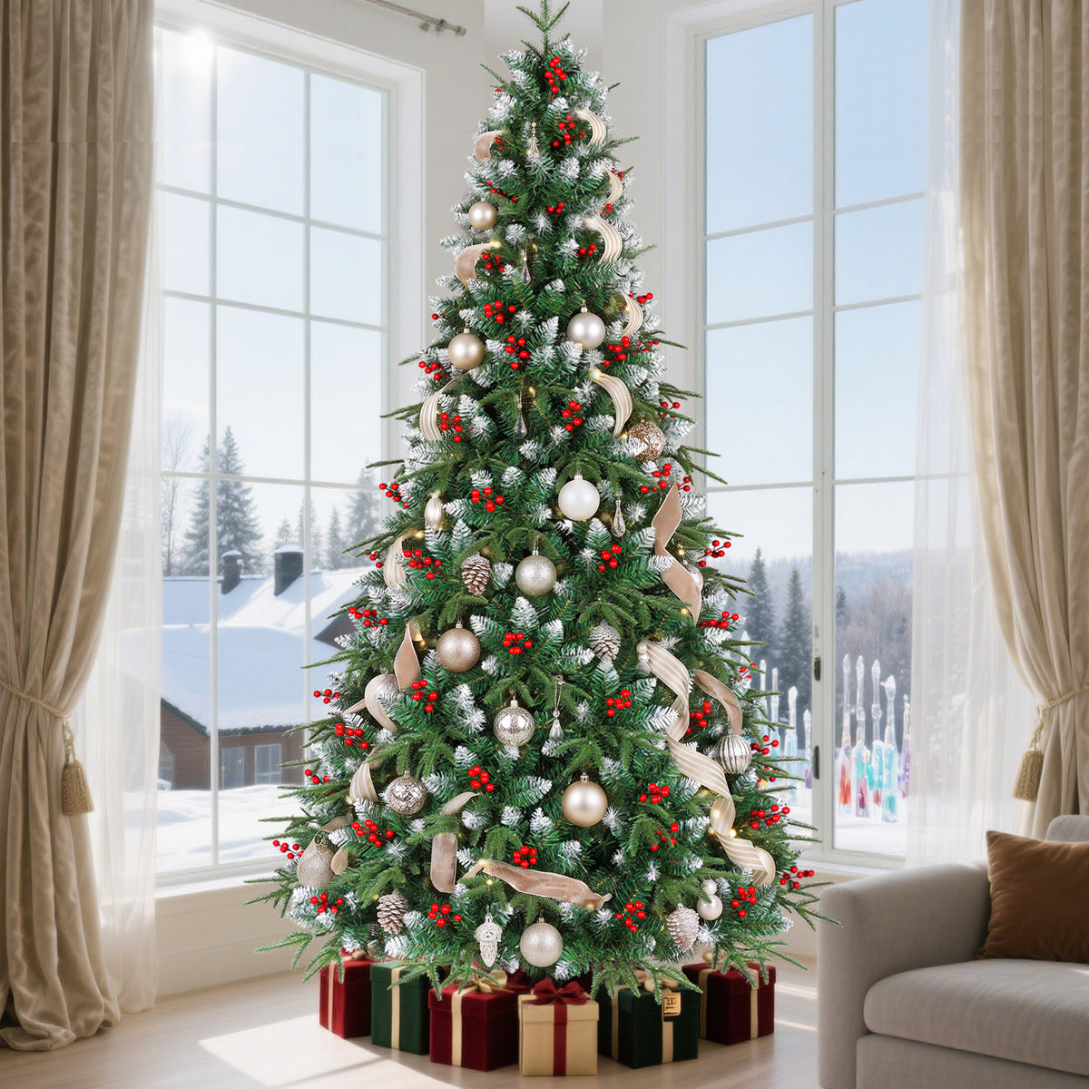 Yexmas 9ft Pre-Lit Artificial Christmas Trees,Green Xmas Tree with Large Christmas Tree Storage Bag, Berries, Realistic Artificial Christmas Trees for Home, Office, Party Decoration