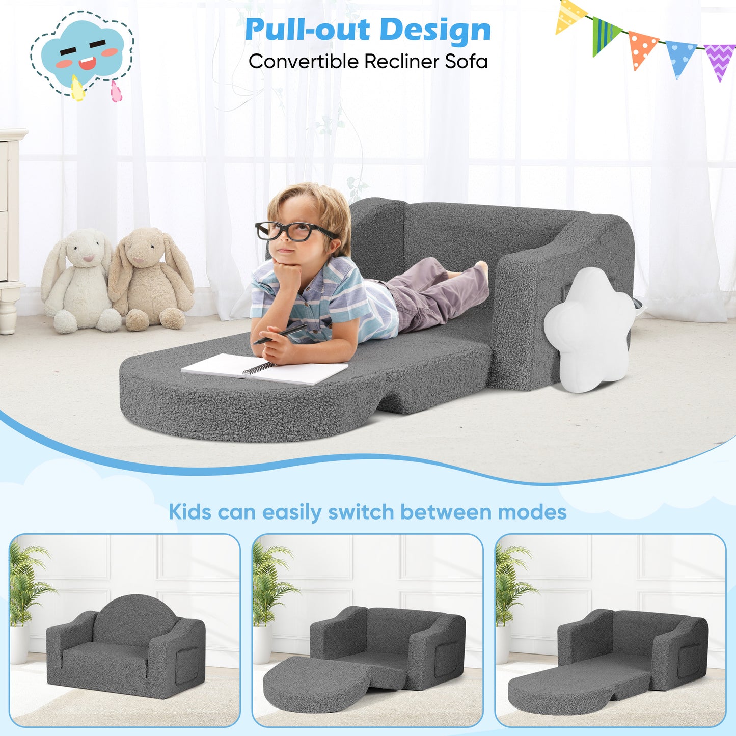 babyeap Kids Couch,2-in-1 Soft Toddler Couch Fold Out,Convertible Sofa to Lounger,Gifts for Kids Girl Boys,Dark Gray