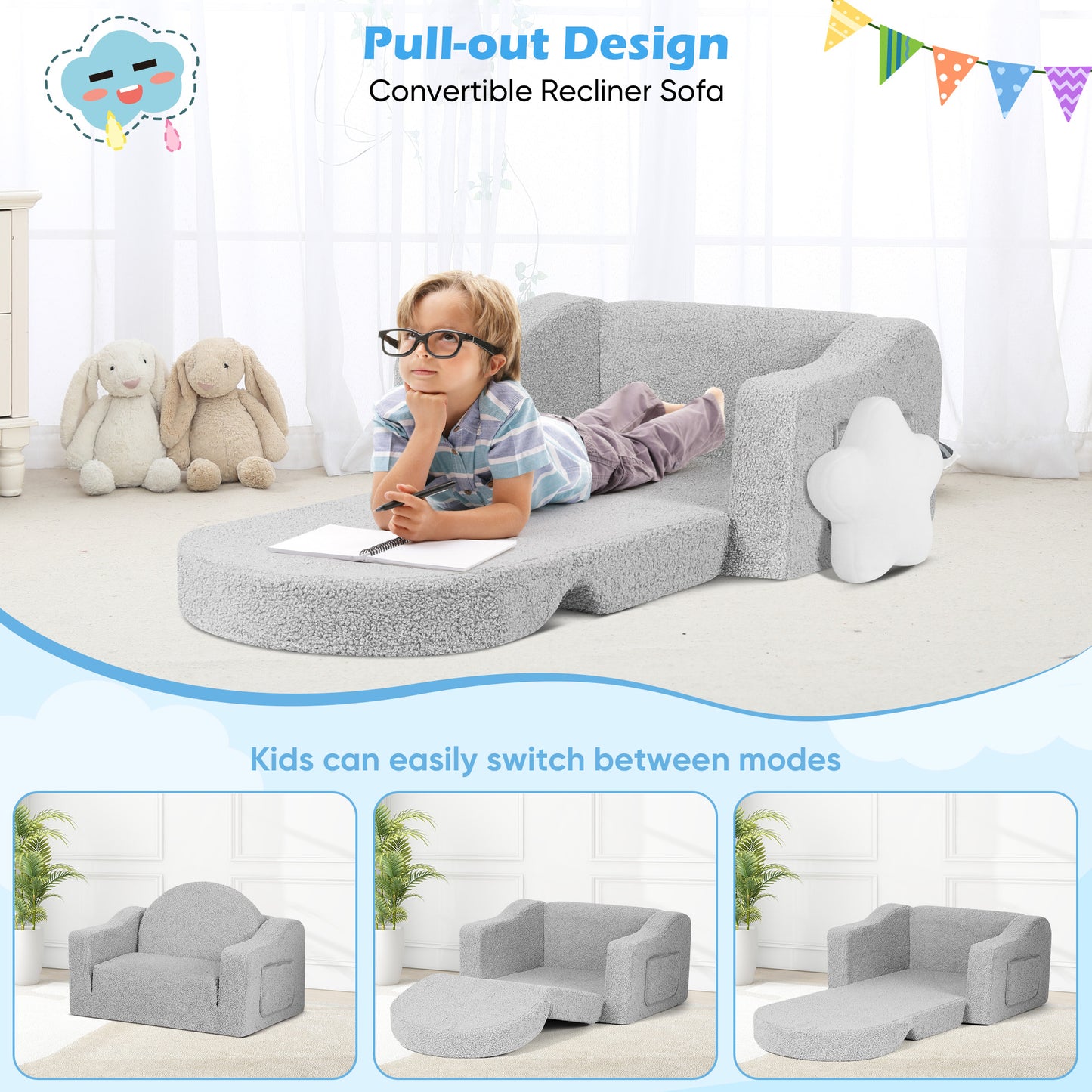 Babyeap Kids Sofa,2-in-1 Soft Toddler Couch Fold Out,Toddler Chair Baby Convertible Couch for Girls and Boys,Light Gray