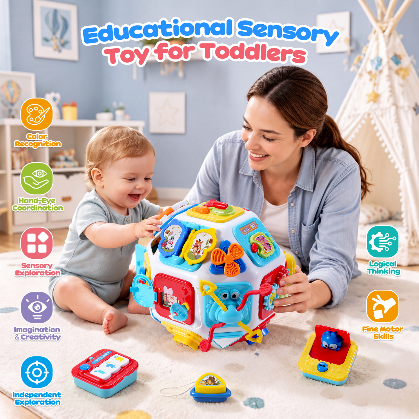 Yexmas 26-in-1 Montessori Baby Busy Cube, Toddler Activity Cube, Sensory Activity Toys for Toddlers, Early Educational Toys, Birthday Christmas Gift for Boys Girls