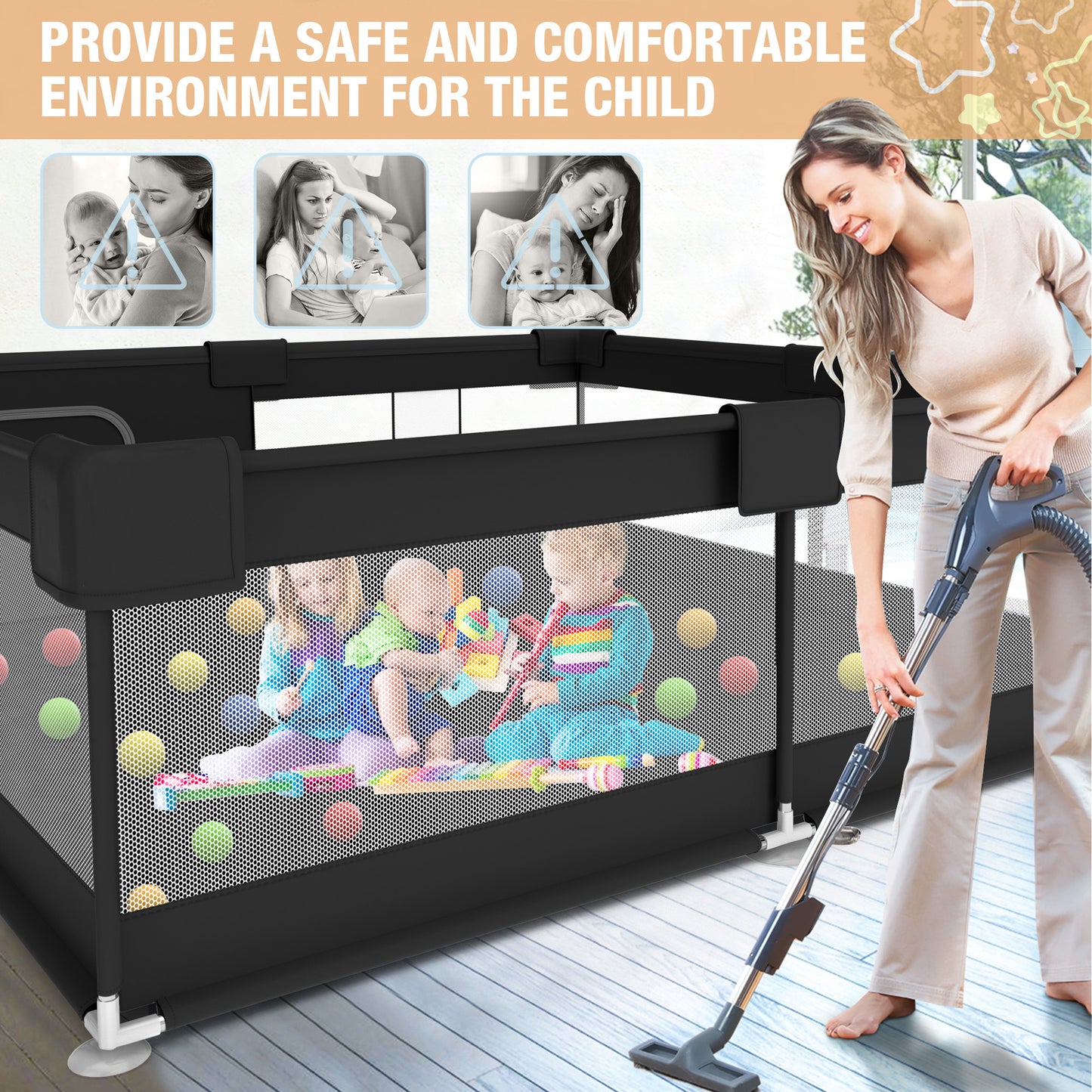Babyeap Baby Playpen With Mat,50"x50"Play Pen for Babies and Toddlers,Play Yard With Gate for Indoor Outdoor,Black