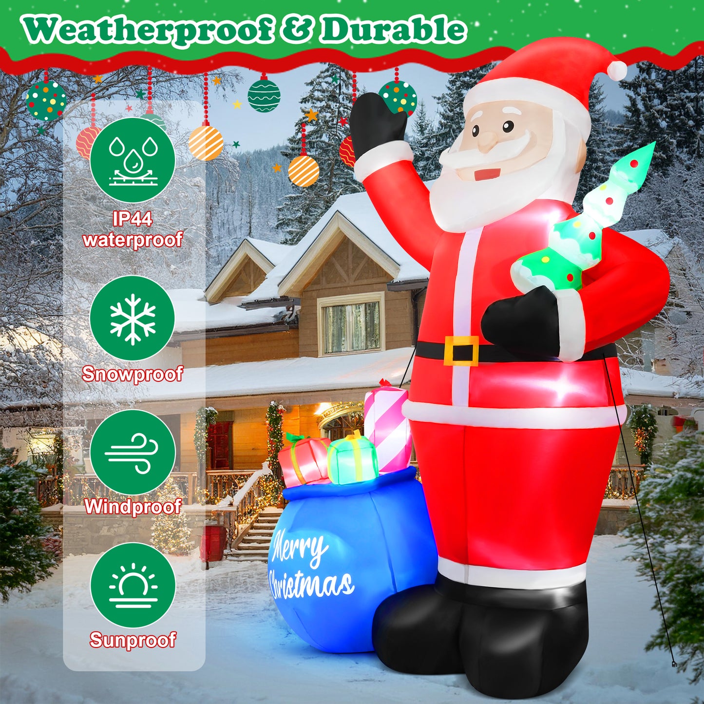 Yexmas 8FT Christmas Inflatable Santa Claus with Big Gift Bag and Christmas Tree Outdoor Decorations,Built-in LED Light,Blow Up Xmas inflatables for Front Back Yard Garden Lawn
