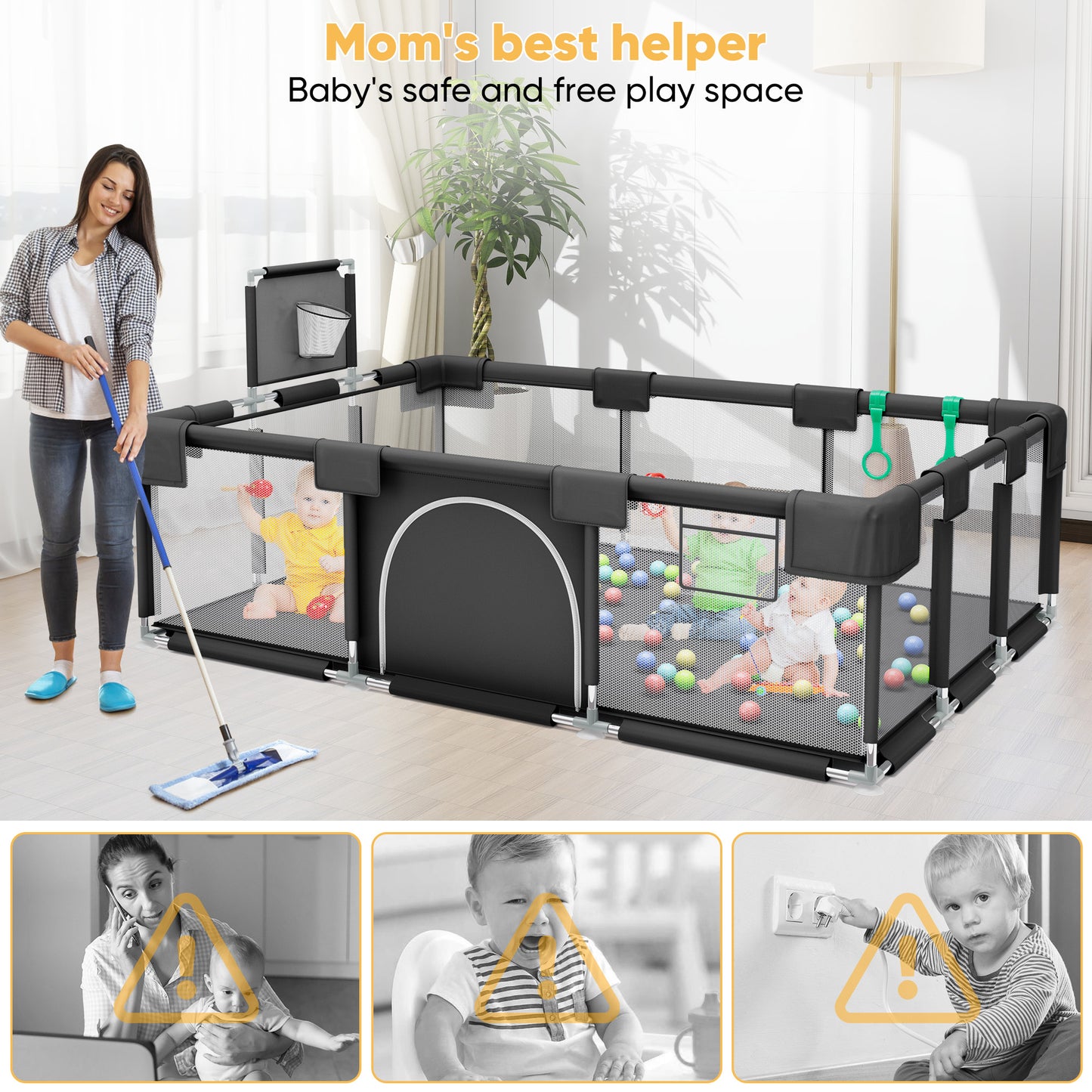 babyeap Baby Playpen,73 Inch Extra Large Baby Playard,Playpen for Babies and Toddlers With Basketball Hoop,Children Kids Play Fence for Indoors Outdoors,Black 2