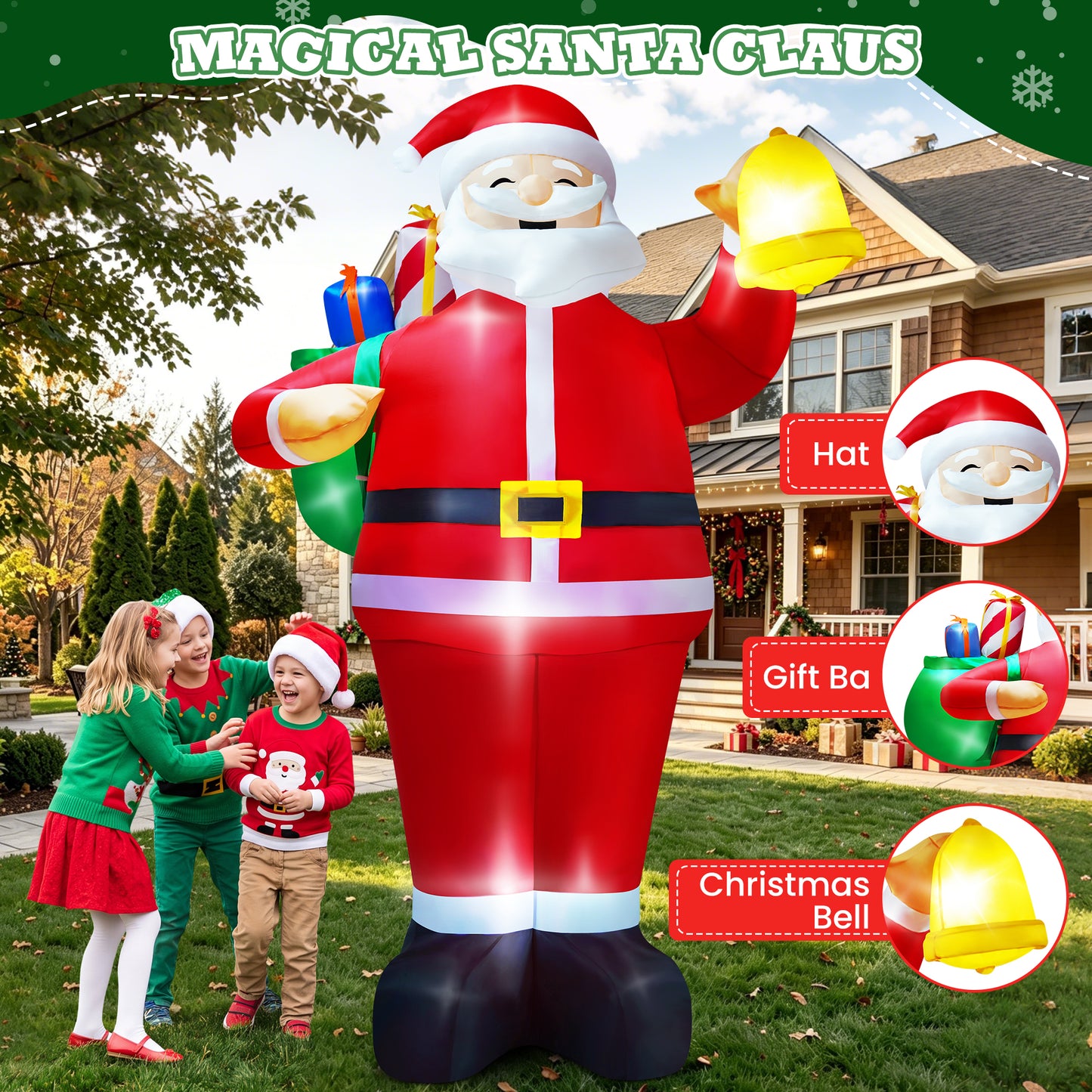 Yexmas 8ft Christmas Inflatable Santa Claus Outdoor Decor with Gift Bag and Bell,Large Blow Up Santa with LED Lights for Yard Lawn Garden