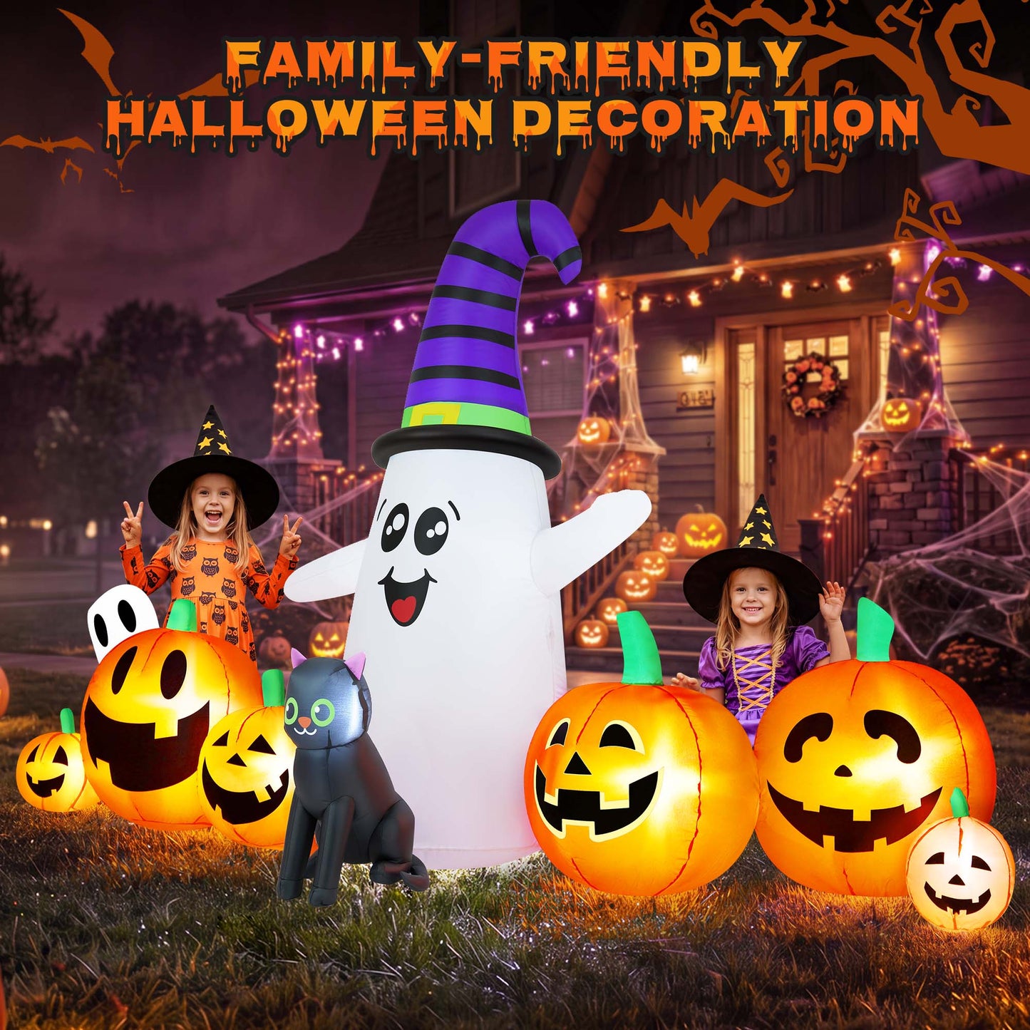 Yexmas 8 FT Long Halloween Inflatable Ghost with Witch Hat, 6 Pumpkins Halloween Blow Ups with Black Cat for Halloween Party Outdoor Yard Garden Lawn Decor