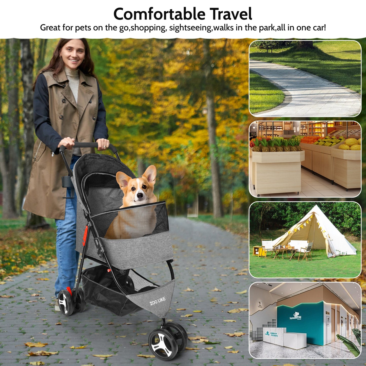 Zoolike 3 Wheel Pet Stroller Cat Dog Stroller Foldable Jogging Travel Perros Carrier for Small Medium Dogs，Puppy Stroller,Black