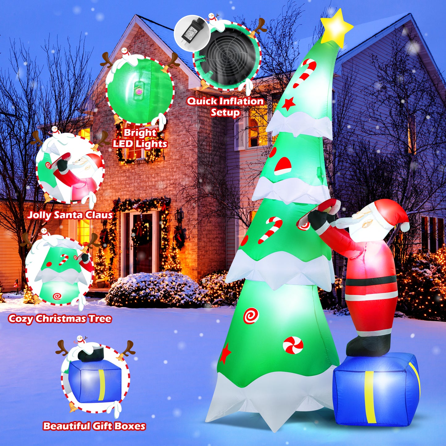 Yexmas 7FT Large Outdoor Inflatable Christmas Tree with Santa Claus on Gift Box, Built-in LED Lights, Blow Up Xmas Decoration for Yard, Garden, Lawn, Holiday Party