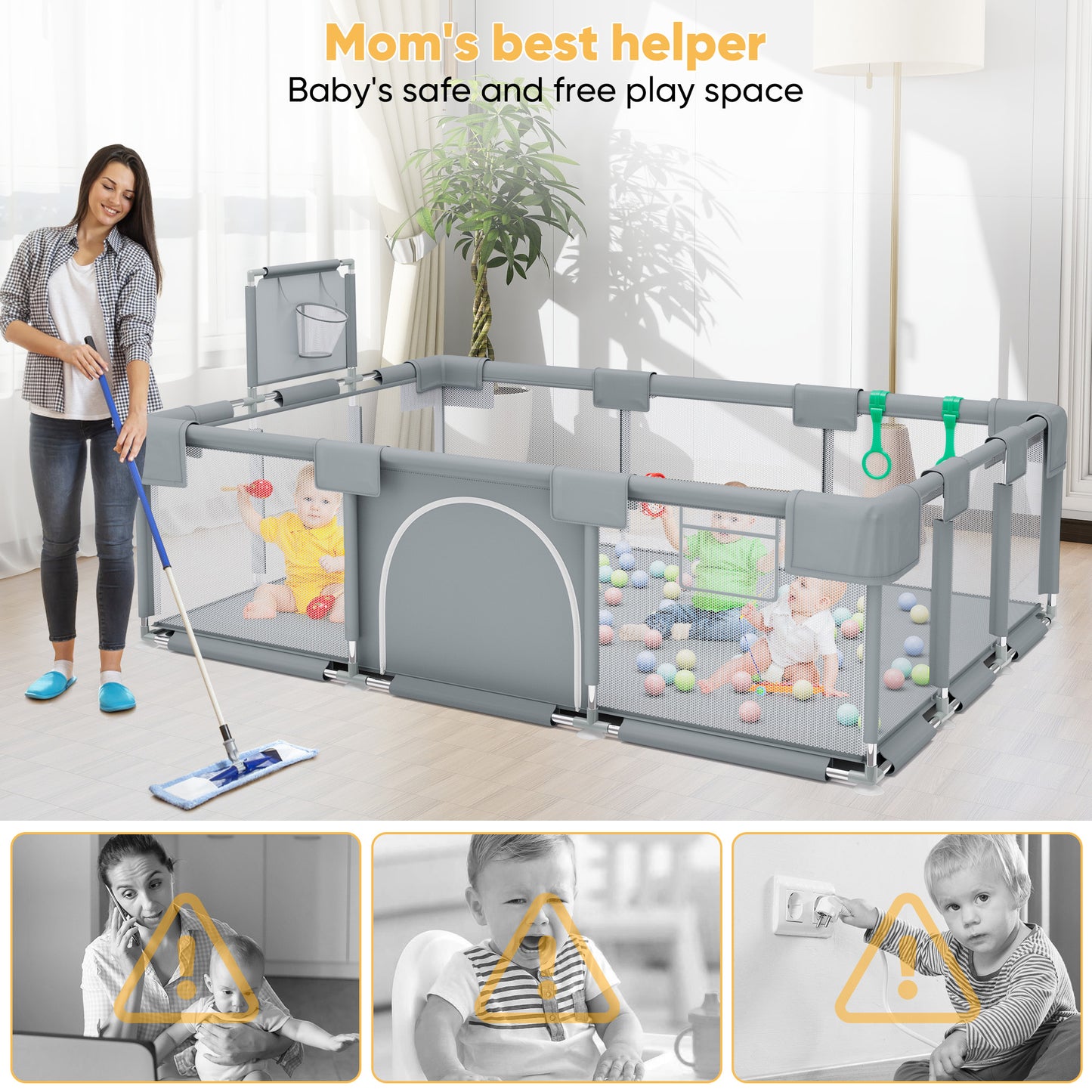 babyeap Baby Playpen,73 Inch Extra Large Baby Playard,Playpen for Babies and Toddlers With Basketball Hoop,Children Kids Play Fence for Indoors Outdoors,Gray