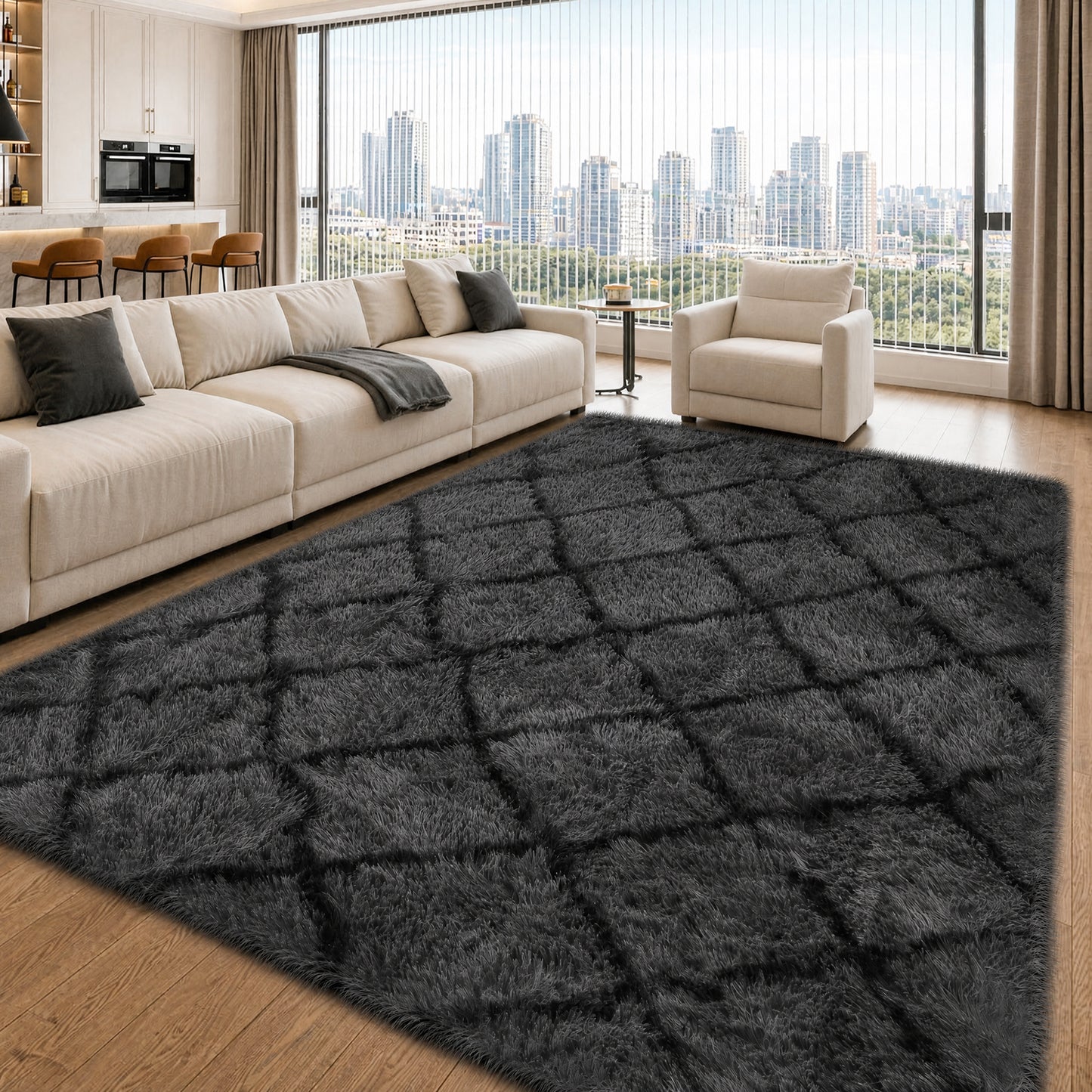CozyDesg Shag Area Rugs,4'x6' Soft Fluffy Shaggy Carpet for Living Room,Large Rug for Bedroom Dining Room Home Decor Room Decor,Black & White