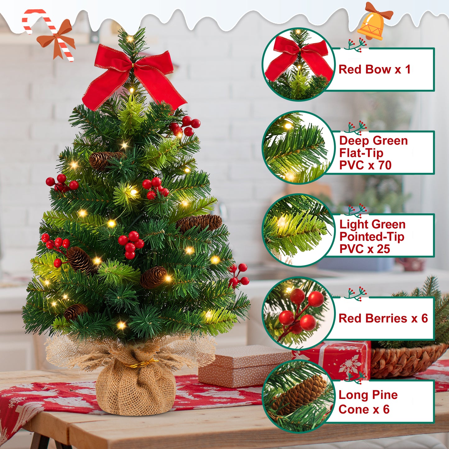 Yexmas 2PCS Pre-lit Artificial Mini Christmas Tree,24 Inch Small Tabletop Xmas Tree for Indoor Outdoor Christmas Decor
