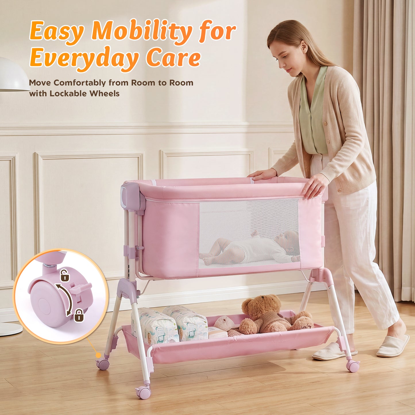 Babyeap 3-in-1 Baby Bassinet, Adjustable Bedside Sleeper with Gentle Rocking Motion, Storage Basket and Wheels for Infants, Gray