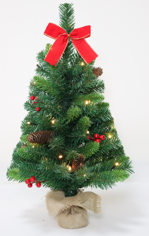 Yexmas Min Christmas Tree, Pre-Lit Artificial Tree Decoration with Clear LED Lights,Tips, Pinecones, Burlap Base for Indoor Home Office Decor