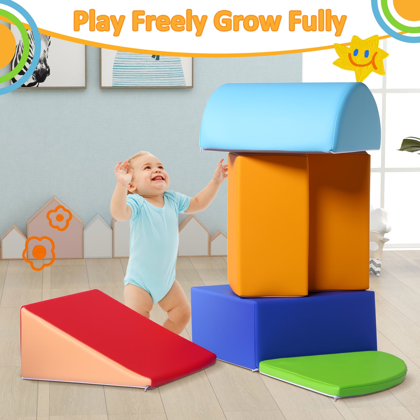 Lookfly 5-Piece Soft PU Leather Toddlers Climbing Toys,Play Set Indoor Baby Climbing Toysclimbing Foam Blocks for 1-3